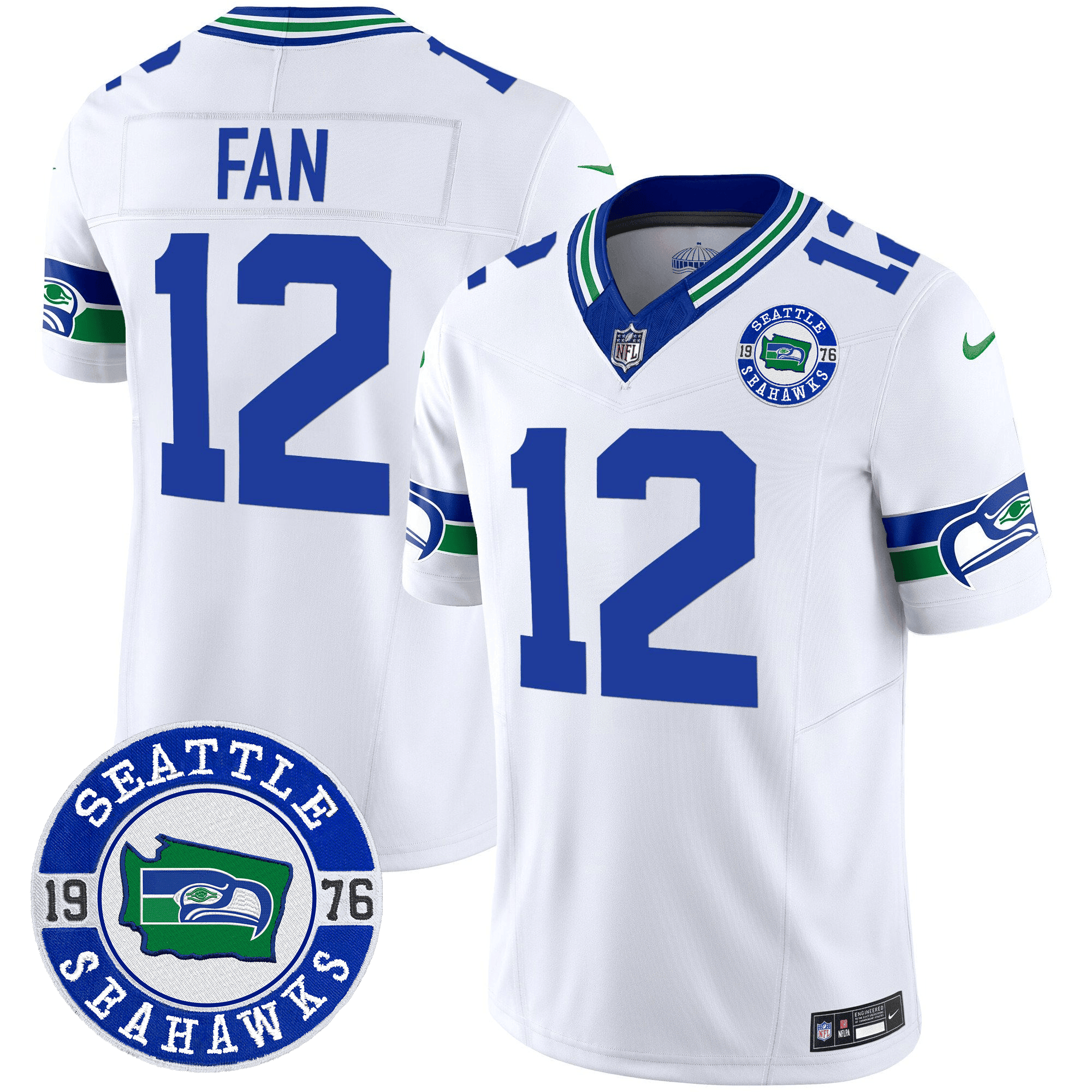 12th Fan Men's Seattle Seahawks Throwback Est. 1976 Patch Vapor Limited White Jersey - All Stitched