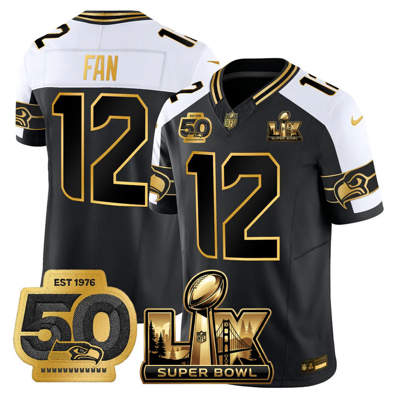 12th Fan Seattle Seahawks Super Bowl LX - 50th Anniversary Patch Gold Vapor Limited Black Alternate Jersey - All Stitched