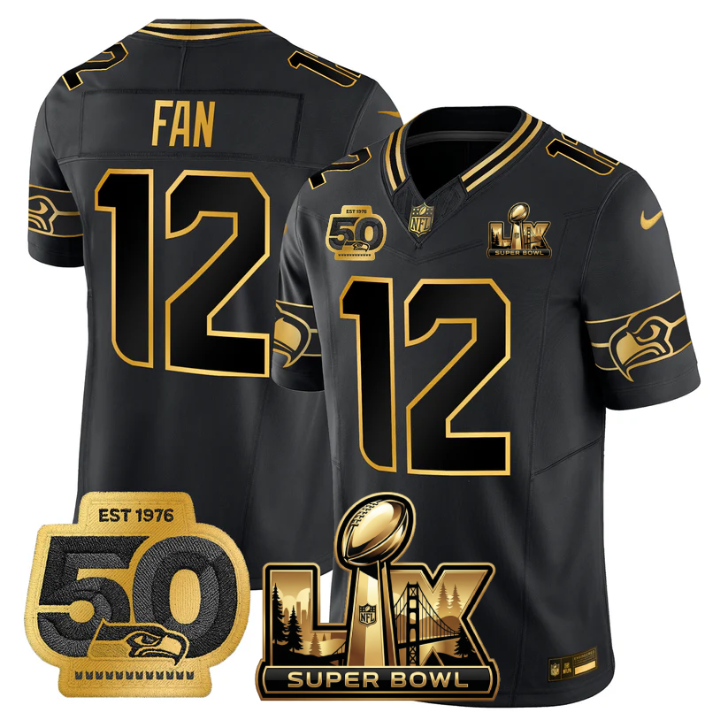 12th Fan Seattle Seahawks Super Bowl LX - 50th Anniversary Patch Gold Vapor Limited Black Gold Jersey - All Stitched