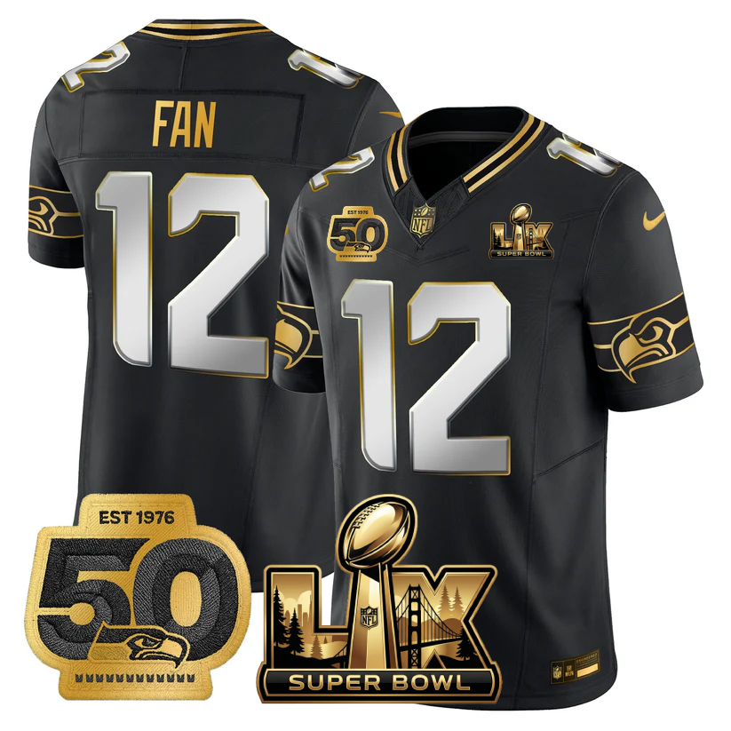 12th Fan Seattle Seahawks Super Bowl LX - 50th Anniversary Patch Gold Vapor Limited Black Limited Jersey - All Stitched