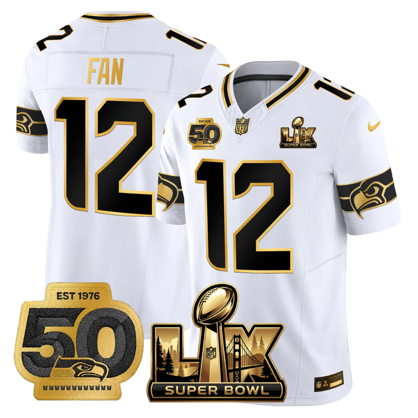 12th Fan Seattle Seahawks Super Bowl LX - 50th Anniversary Patch Gold Vapor Limited White Gold Jersey - All Stitched