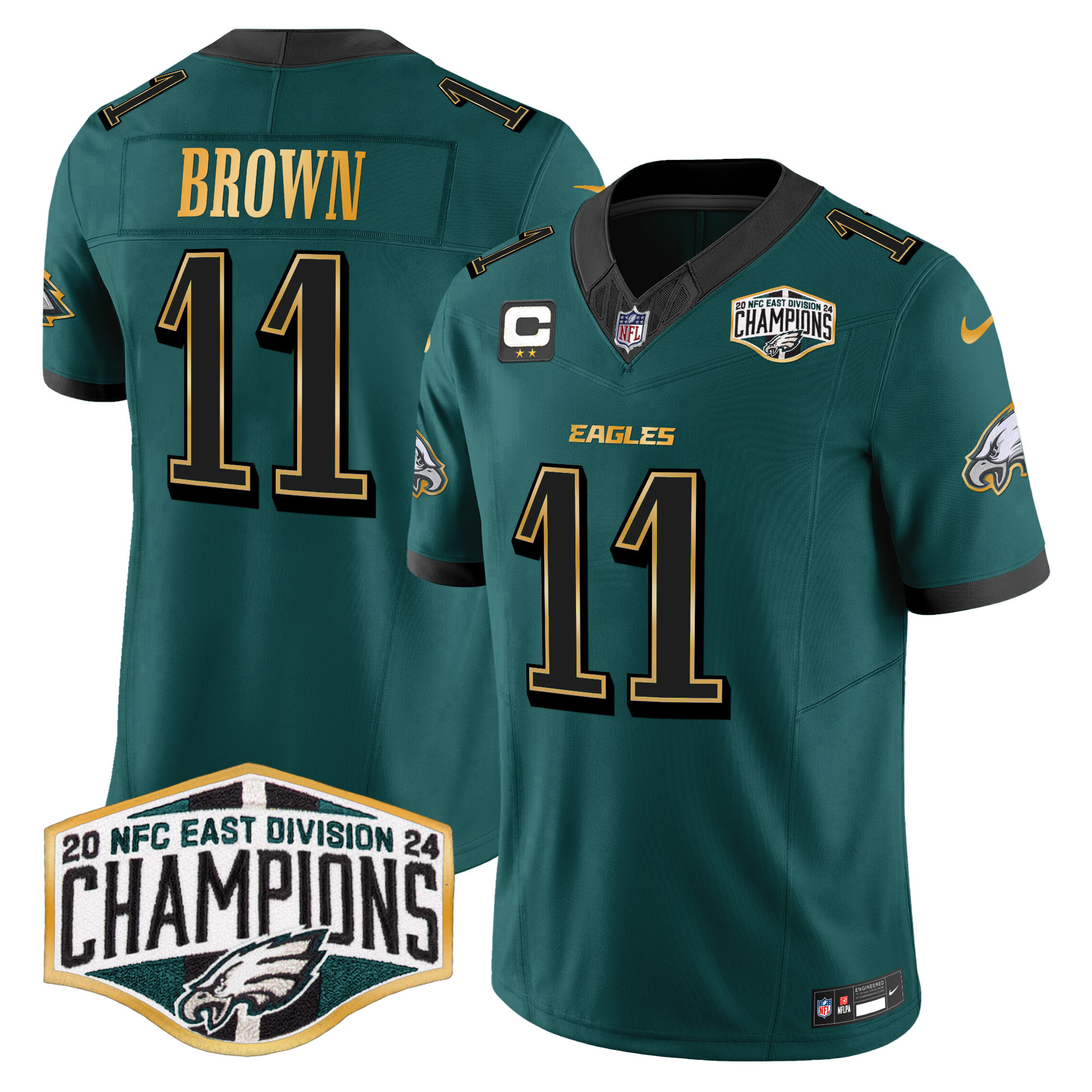A.J. Brown Men's Philadelphia Eagles 2024 NFC East Division Champions Gold Trim Vapor Limited Midnight Green Jersey - All Stitched