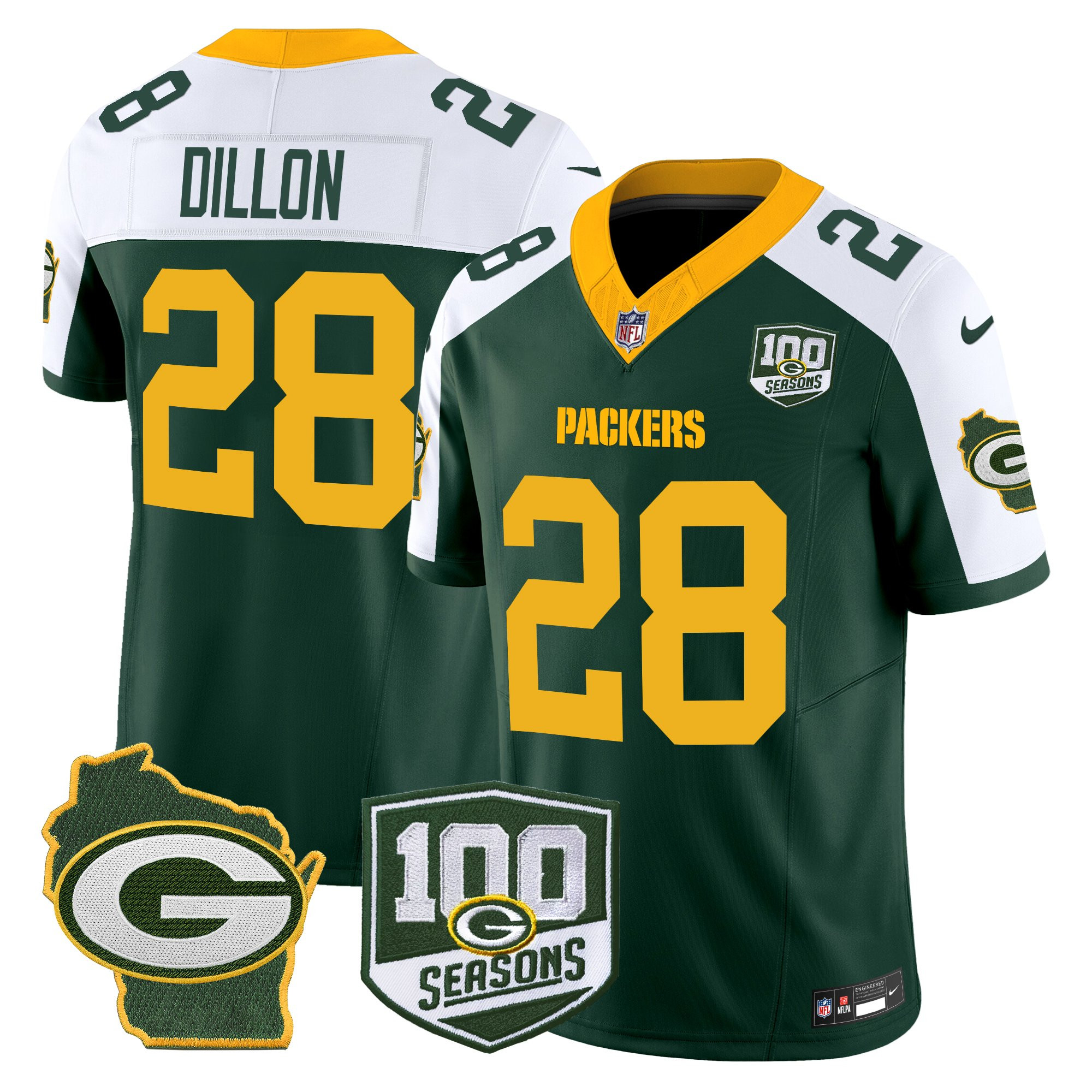 AJ Dillon Men's Green Bay Packers 100th Season & Home Patch Vapor Limited Alternate Jersey - All Stitched