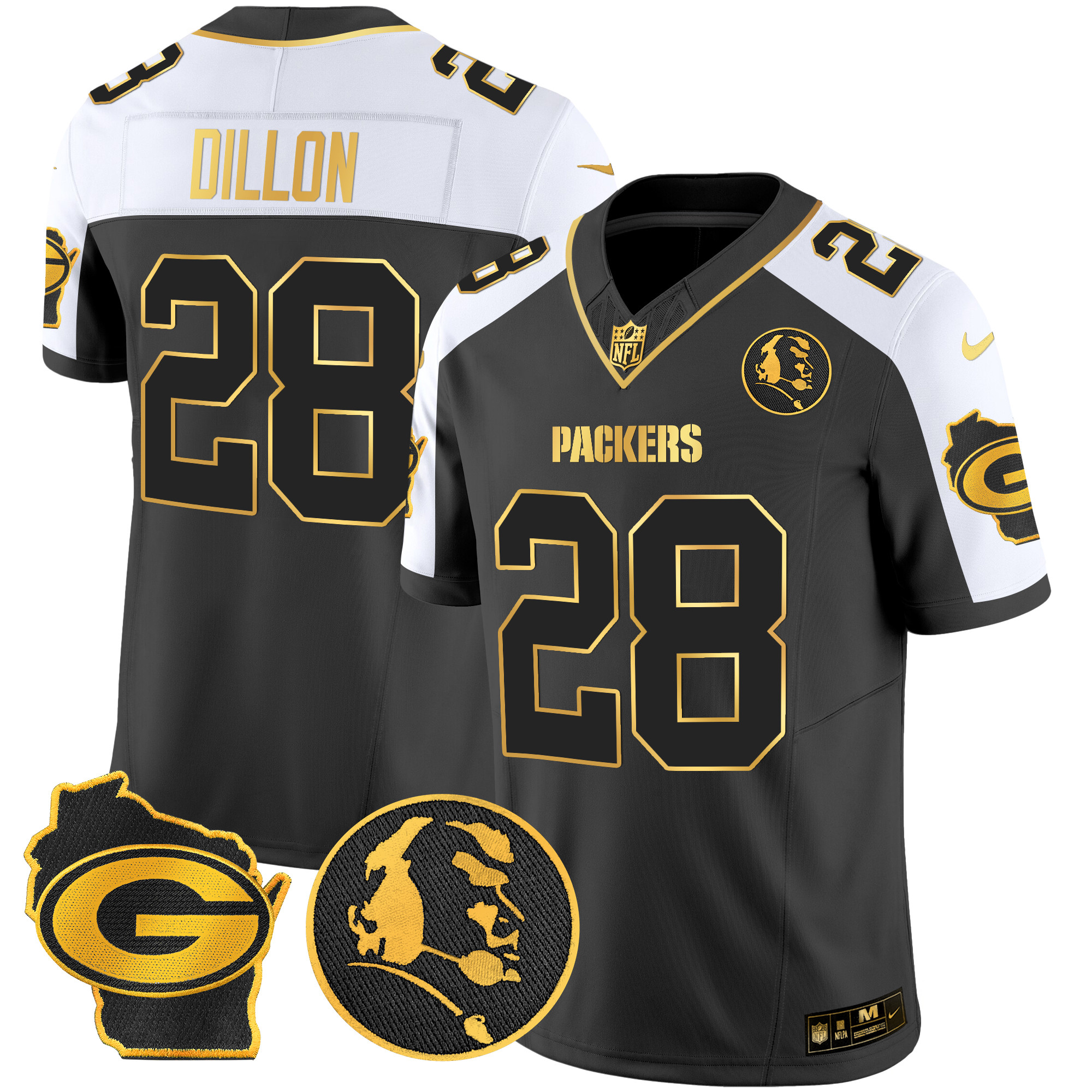 AJ Dillon Men's Green Bay Packers John Madden & Home Patch Gold Vapor Limited Alternate Jersey - All Stitched