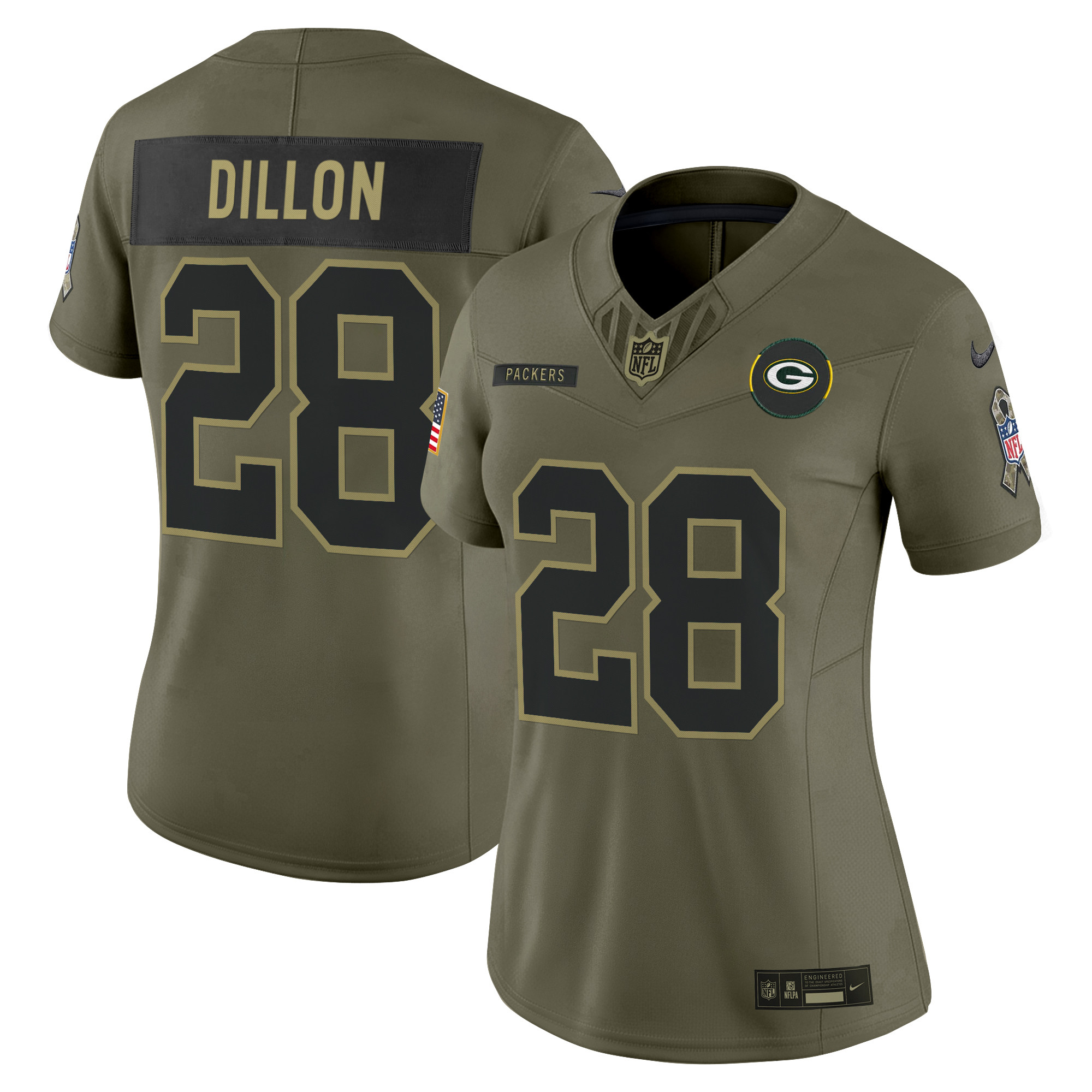 AJ Dillon Women's Green Bay Packers 2025 Salute to Service Vapor Limited Olive Jersey - All Stitched