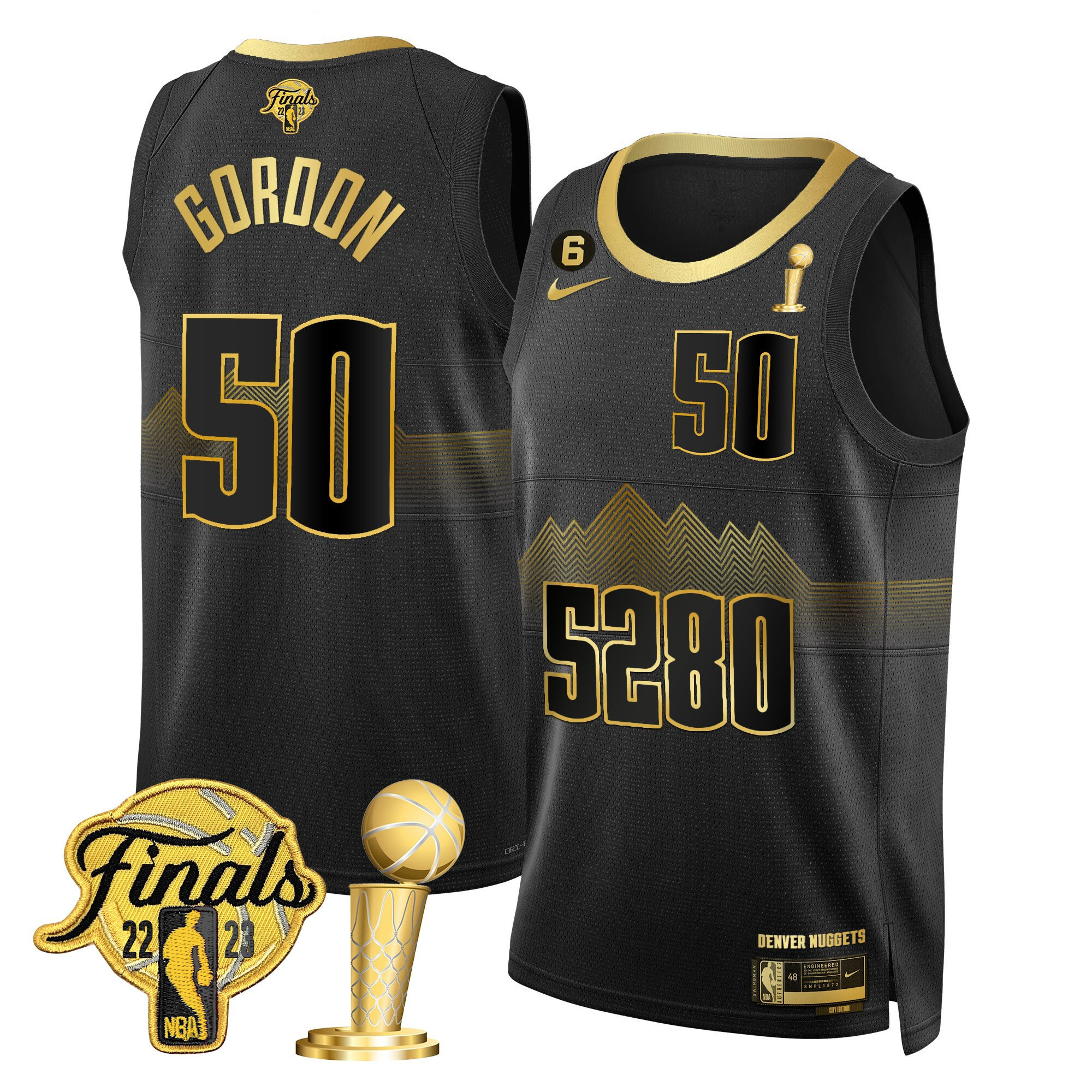 Aaron Gordon Men's Denver Nuggets 2023 Finals & Champions Patch Black Gold Jersey V2- All Stitched
