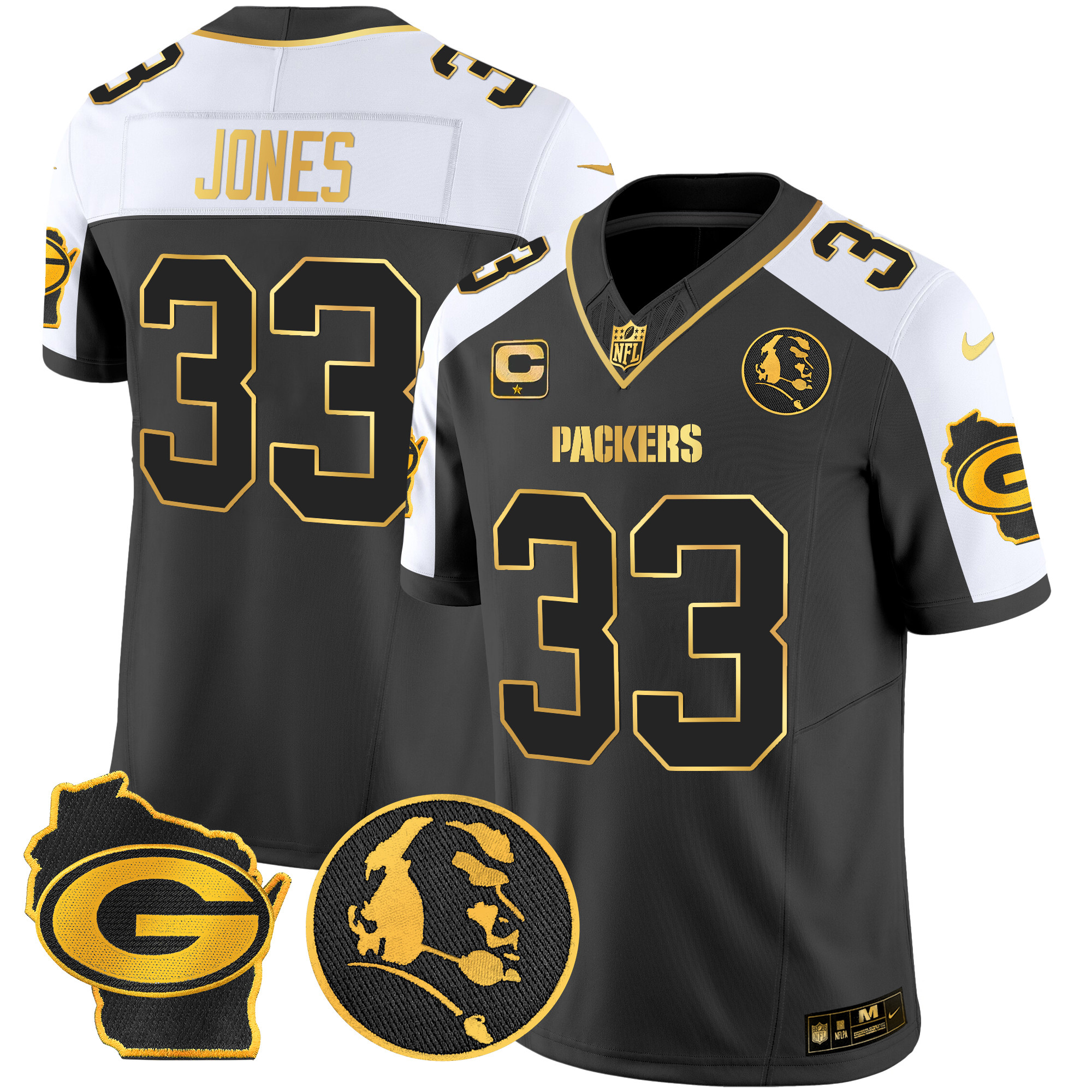 Aaron Jones Men's Green Bay Packers John Madden & Home Patch Gold Vapor Limited Alternate Jersey - All Stitched