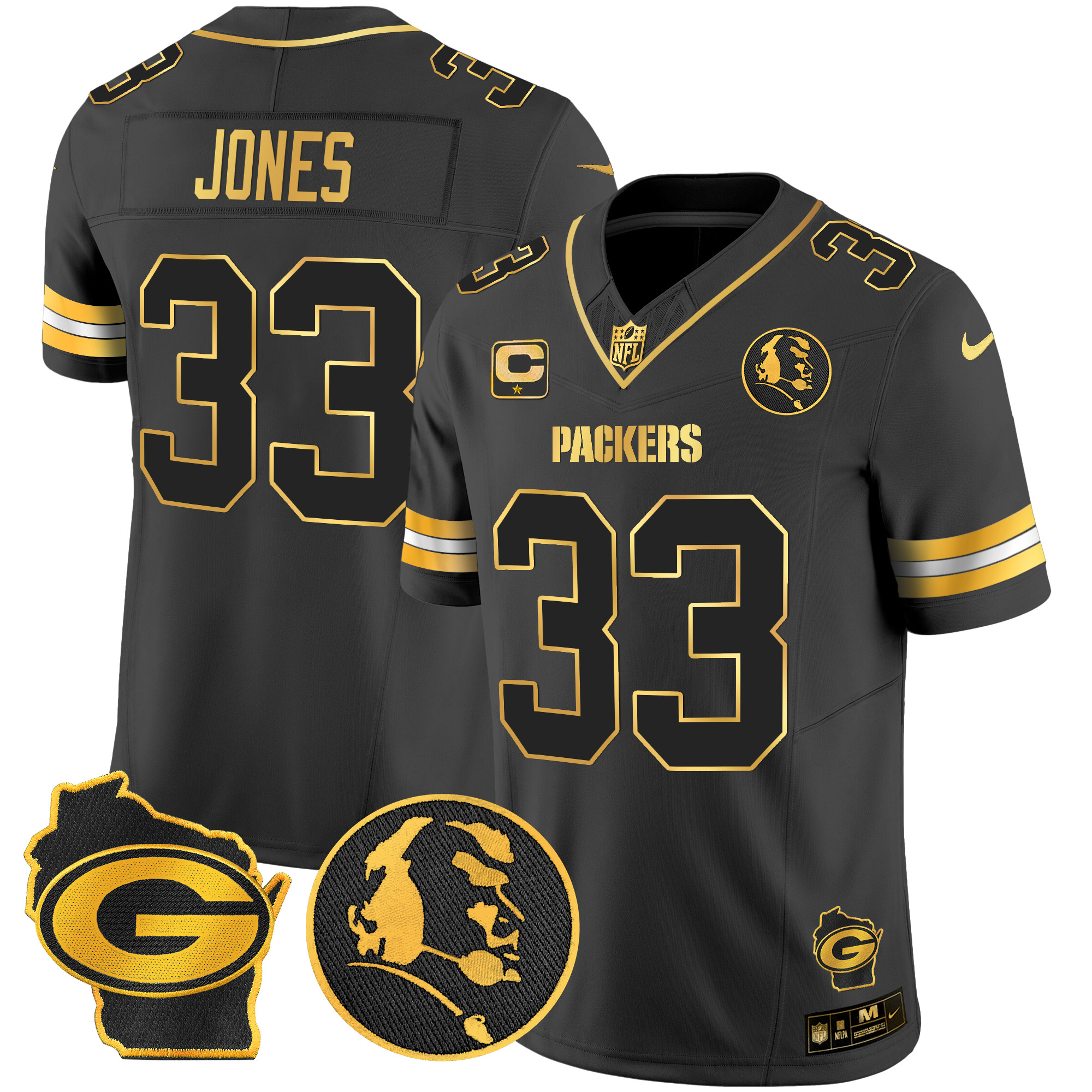 Aaron Jones Men's Green Bay Packers John Madden & Home Patch Gold Vapor Limited Black Gold Jersey - All Stitched