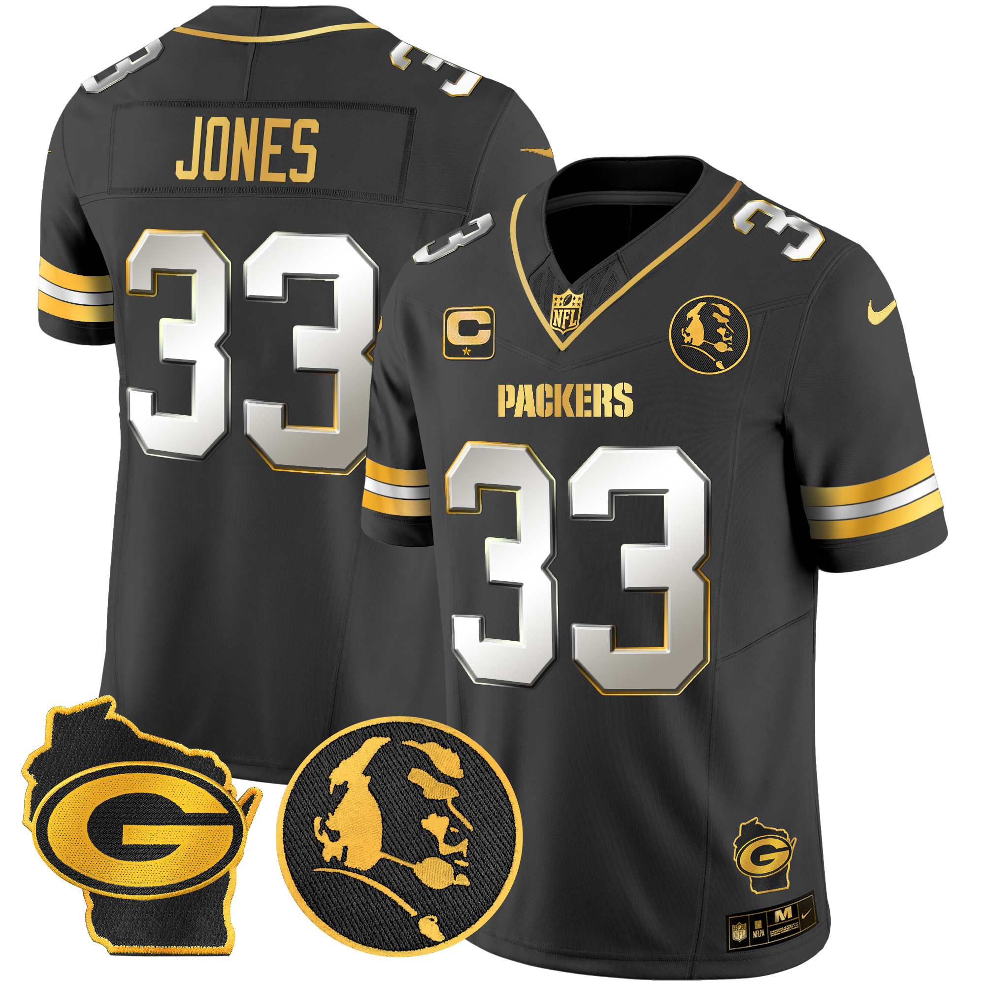 Aaron Jones Men's Green Bay Packers John Madden & Home Patch Gold Vapor Limited Black Limited Jersey - All Stitched