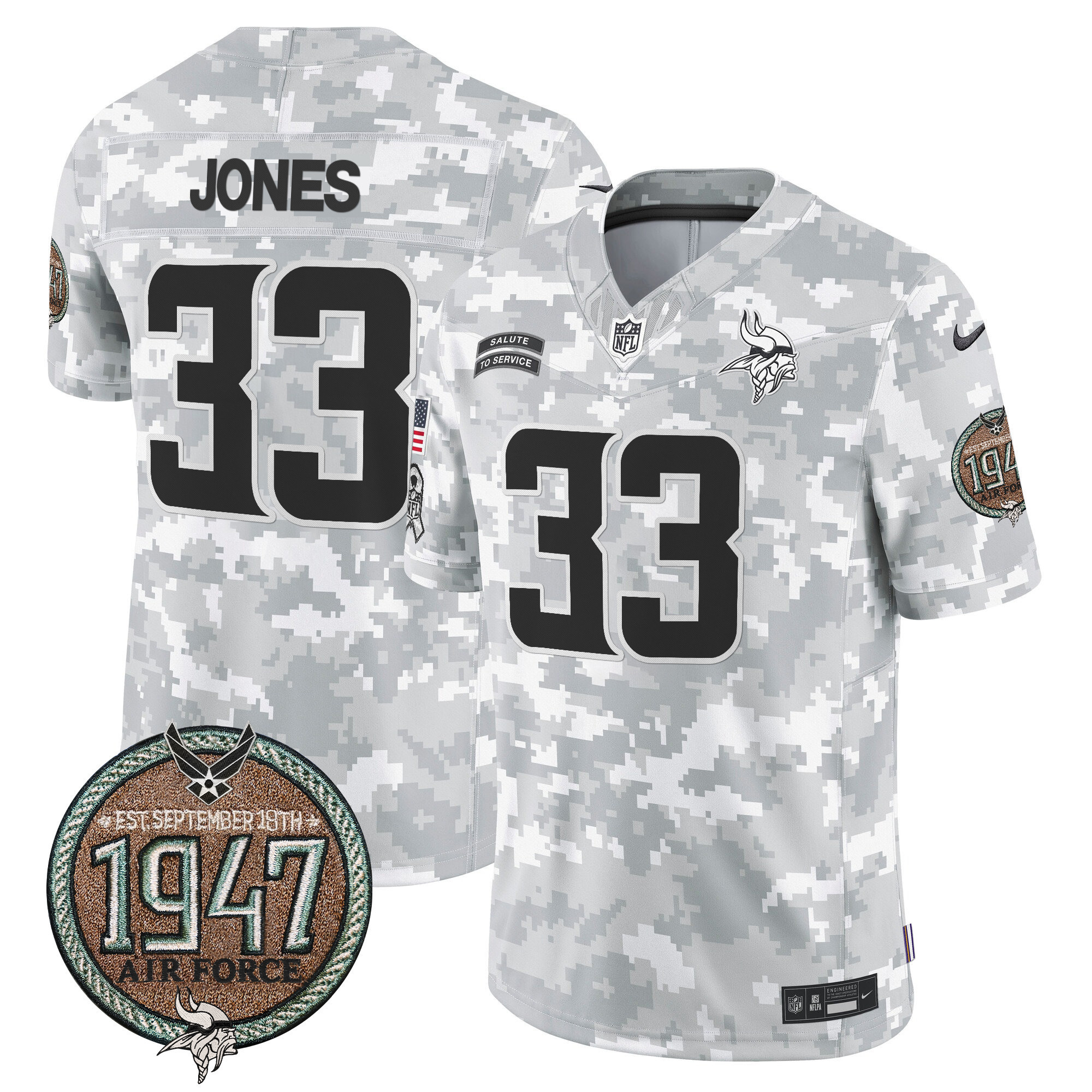 Aaron Jones Men's Minnesota Vikings 2024 Salute to Service Establishment Year Patch Vapor Limited Air Force Jersey - All Stitched