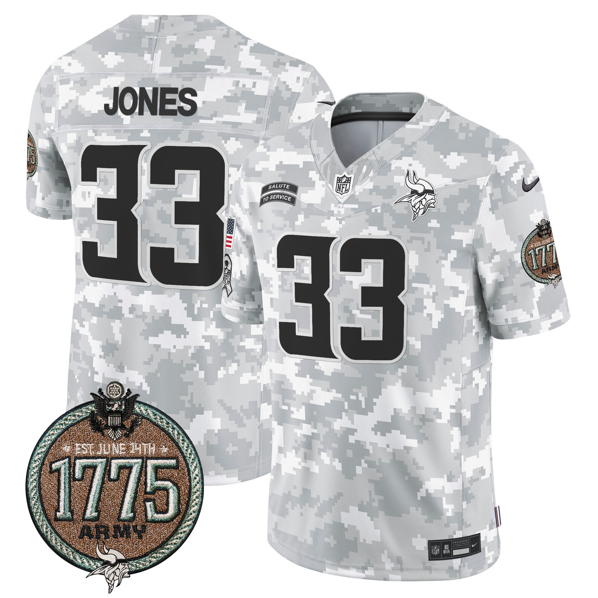 Aaron Jones Men's Minnesota Vikings 2024 Salute to Service Establishment Year Patch Vapor Limited Army Jersey - All Stitched