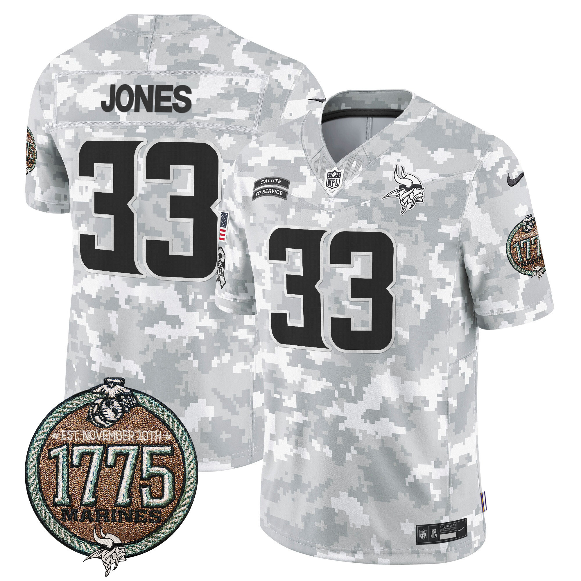 Aaron Jones Men's Minnesota Vikings 2024 Salute to Service Establishment Year Patch Vapor Limited Marines Jersey - All Stitched