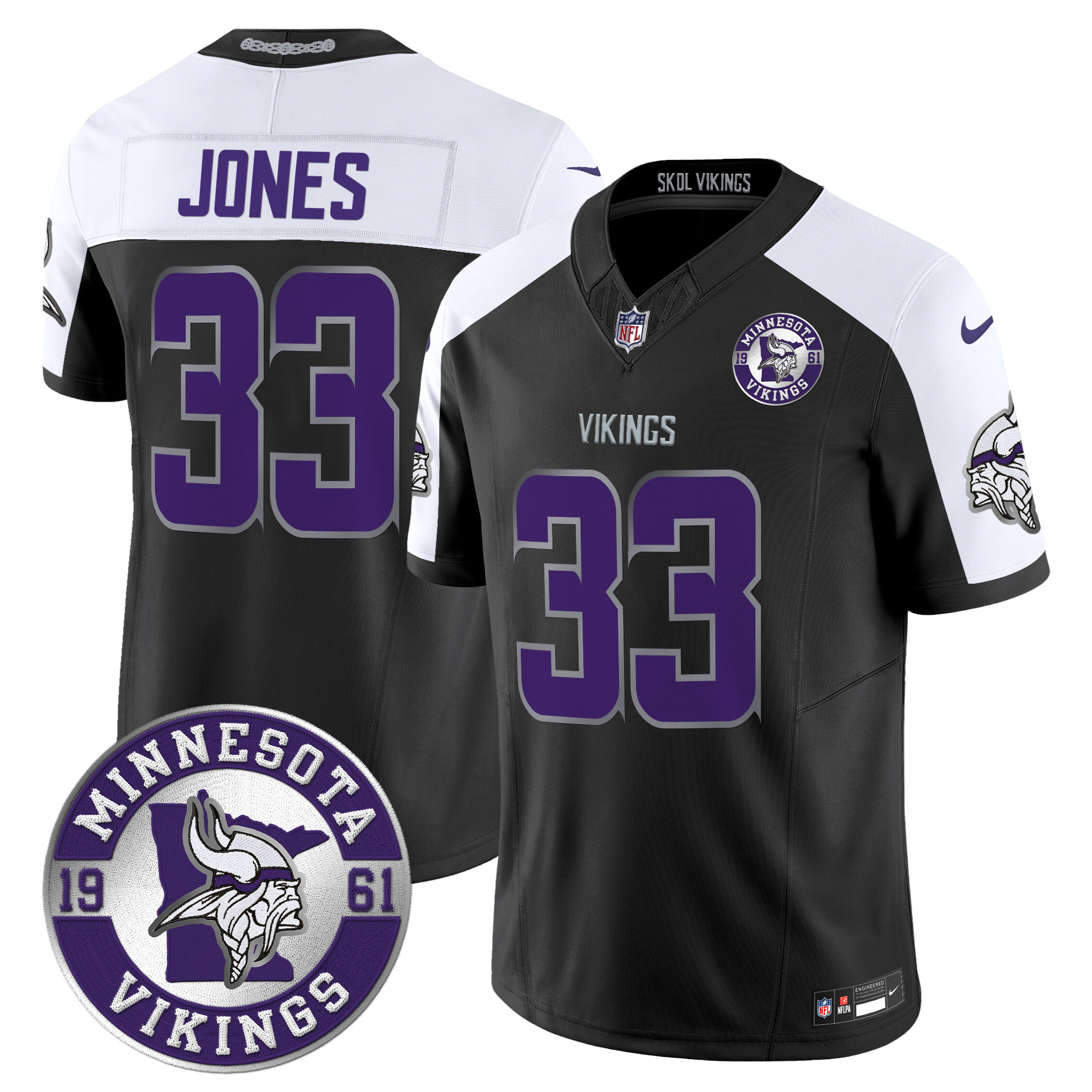 Aaron Jones Men's Minnesota Vikings 2024 Vapor Limited Black Alternate Jersey - Est. 1961 Patch - All Stitched