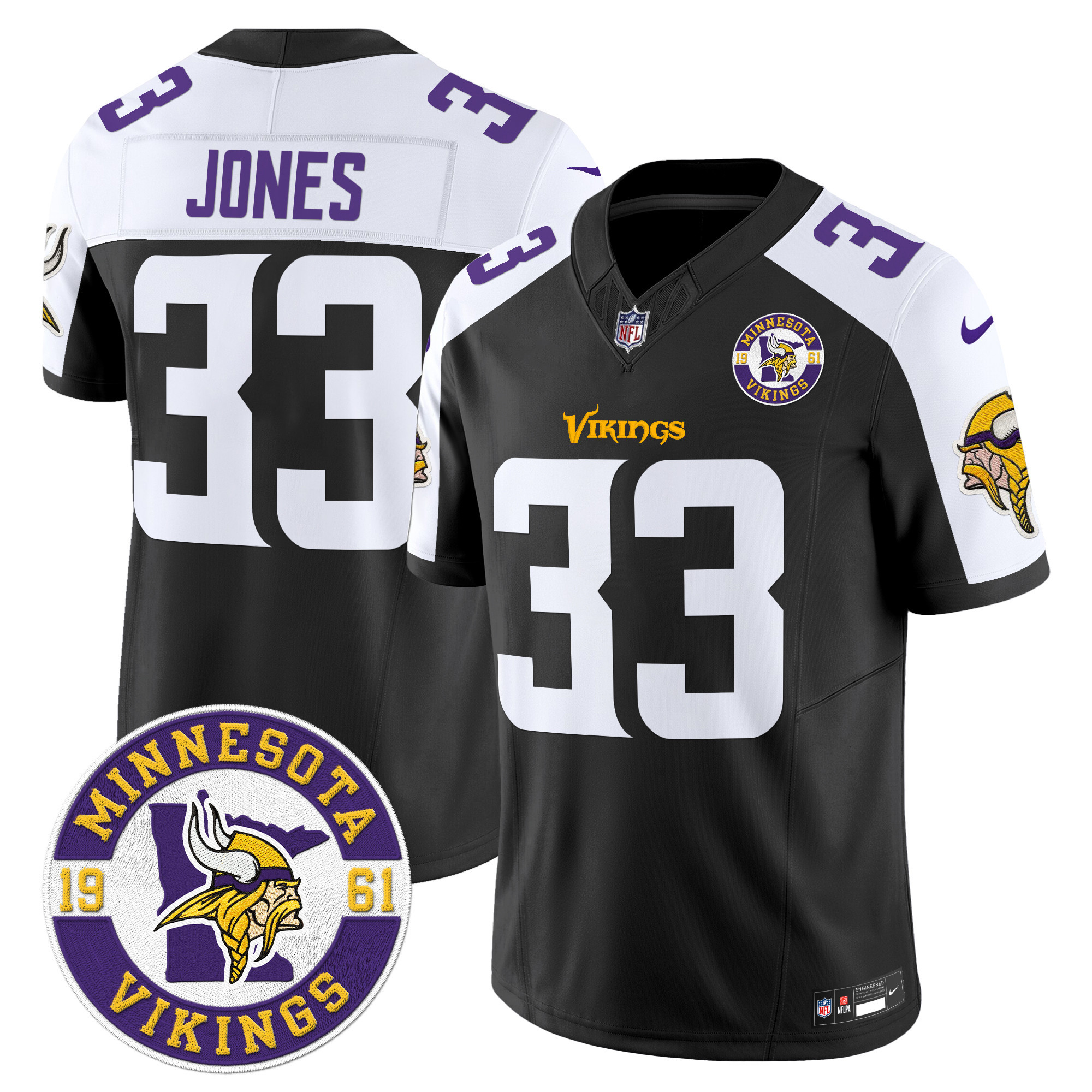Aaron Jones Men's Minnesota Vikings 2024 Vapor Limited Black Alternate Jersey V2 - Est. 1961 Patch - All Stitched