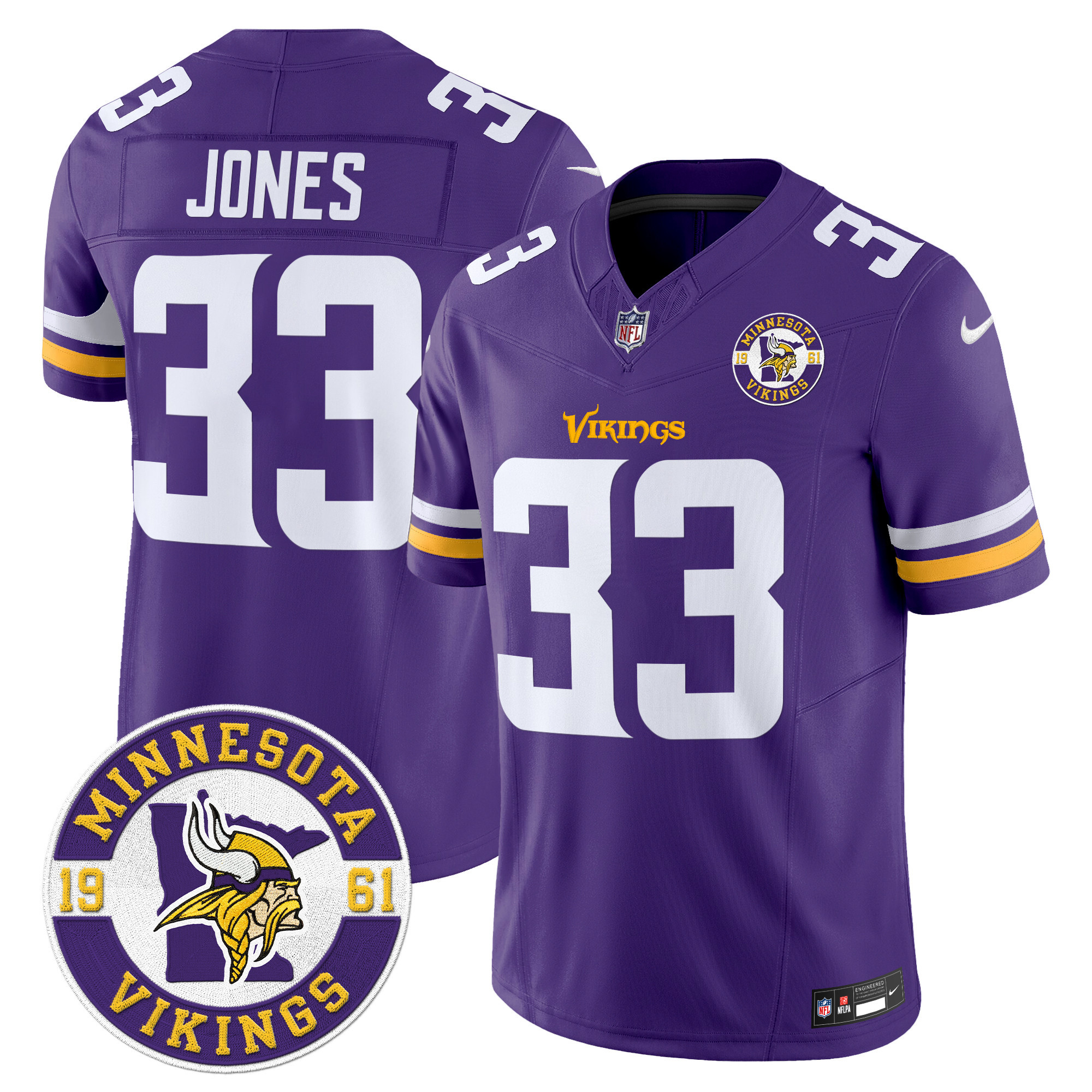 Aaron Jones Men's Minnesota Vikings 2024 Vapor Limited Purple Jersey V2 - Est. 1961 Patch - All Stitched