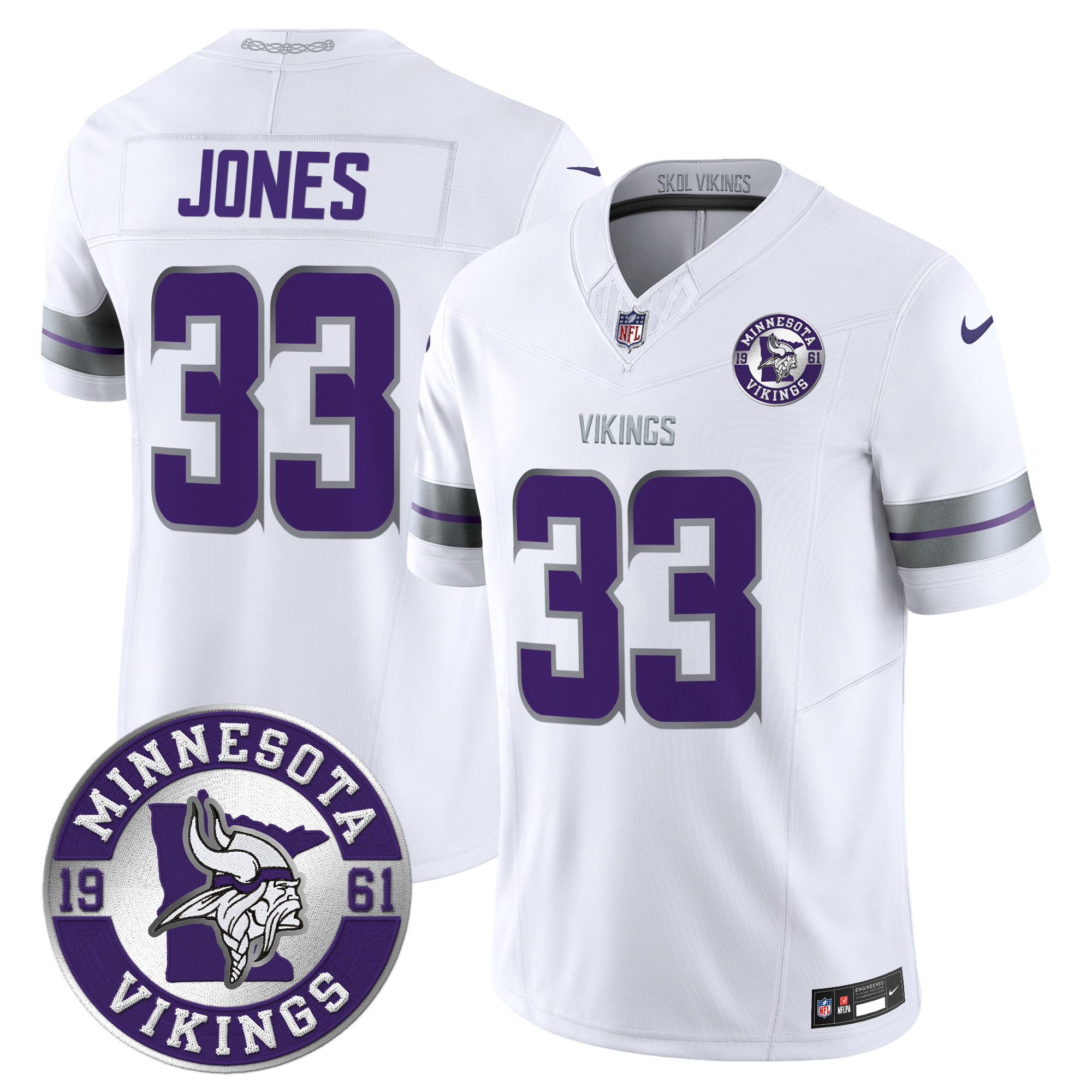 Aaron Jones Men's Minnesota Vikings 2024 Vapor Limited White Jersey - Est. 1961 Patch - All Stitched