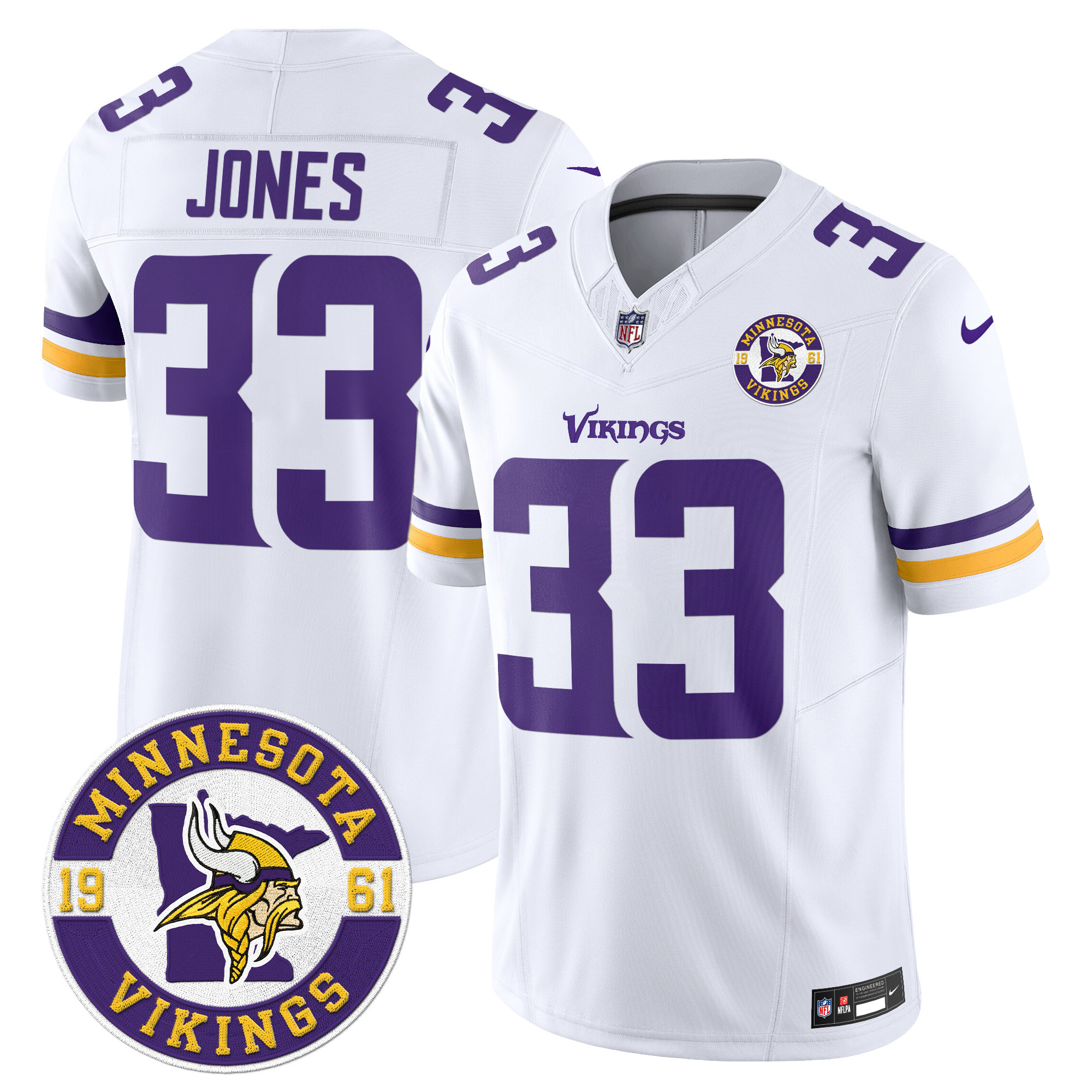 Aaron Jones Men's Minnesota Vikings 2024 Vapor Limited White Jersey V2 - Est. 1961 Patch - All Stitched