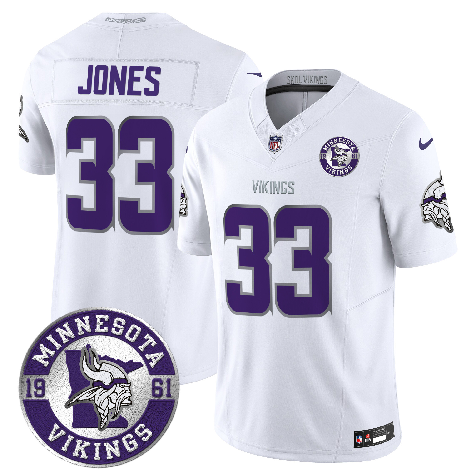 Aaron Jones Men's Minnesota Vikings 2024 Vapor Limited White Limited Jersey - Est. 1961 Patch - All Stitched