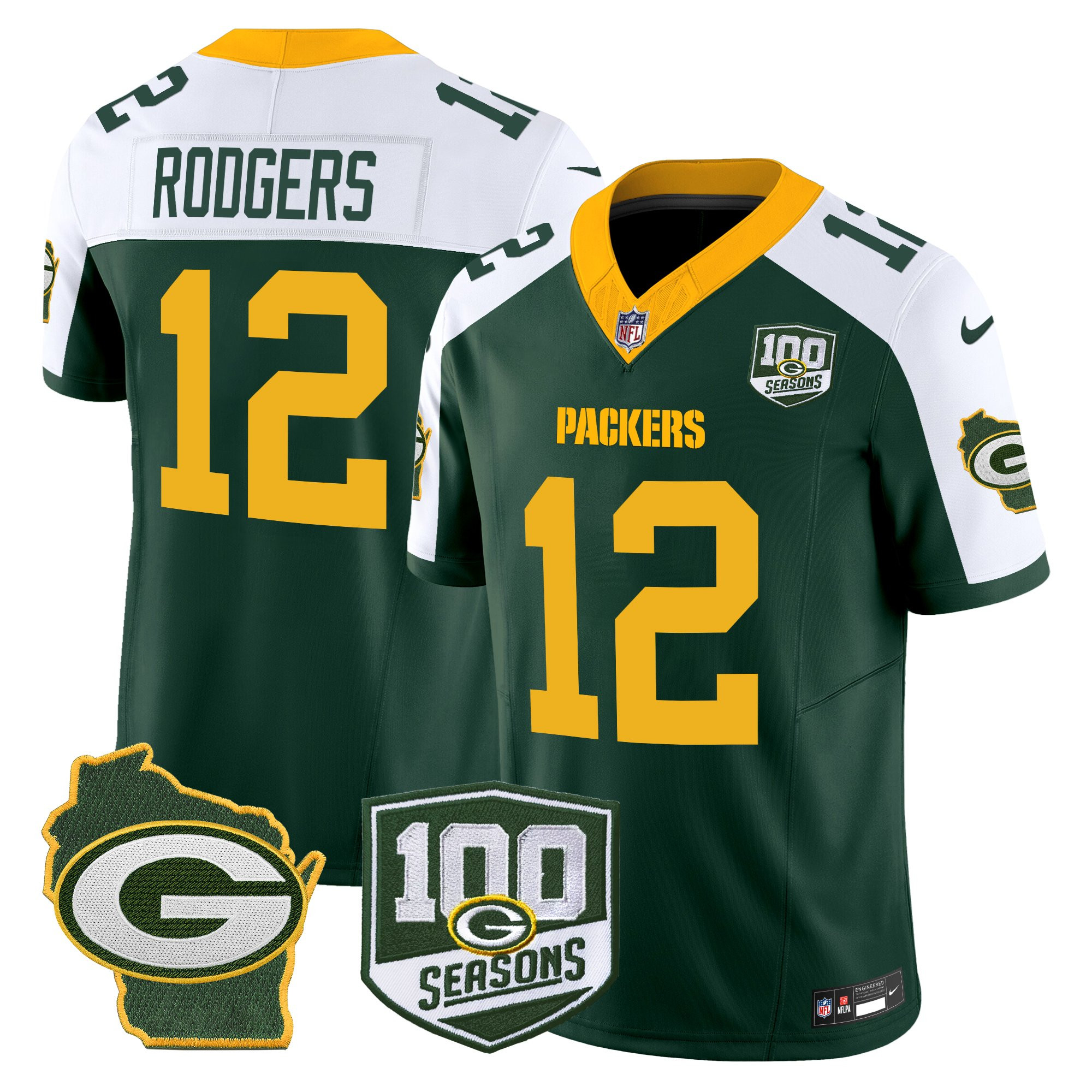 Aaron Rodgers Men's Green Bay Packers 100th Season & Home Patch Vapor Limited Alternate Jersey - All Stitched