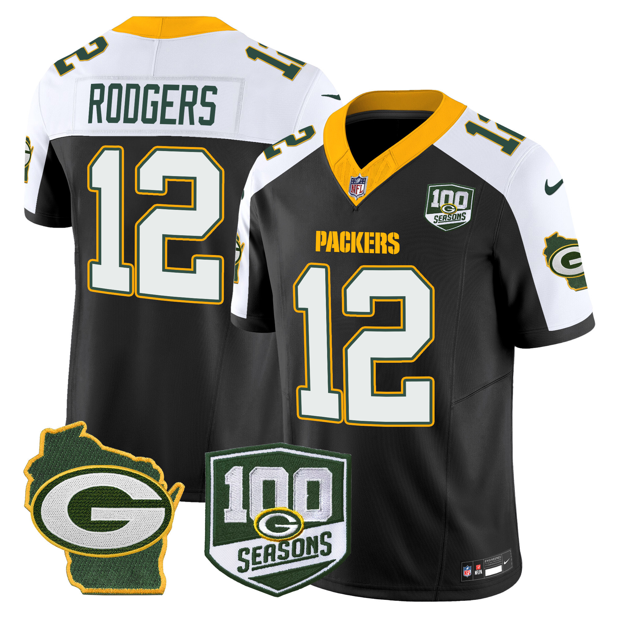 Aaron Rodgers Men's Green Bay Packers 100th Season & Home Patch Vapor Limited Black Alternate Jersey - All Stitched