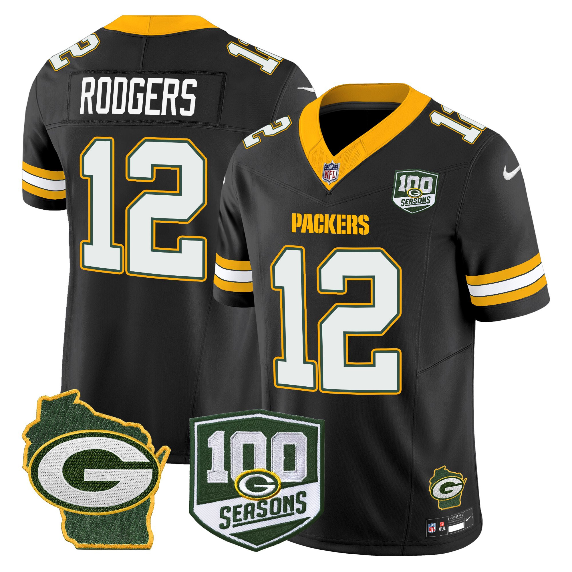Aaron Rodgers Men's Green Bay Packers 100th Season & Home Patch Vapor Limited Black Jersey - All Stitched