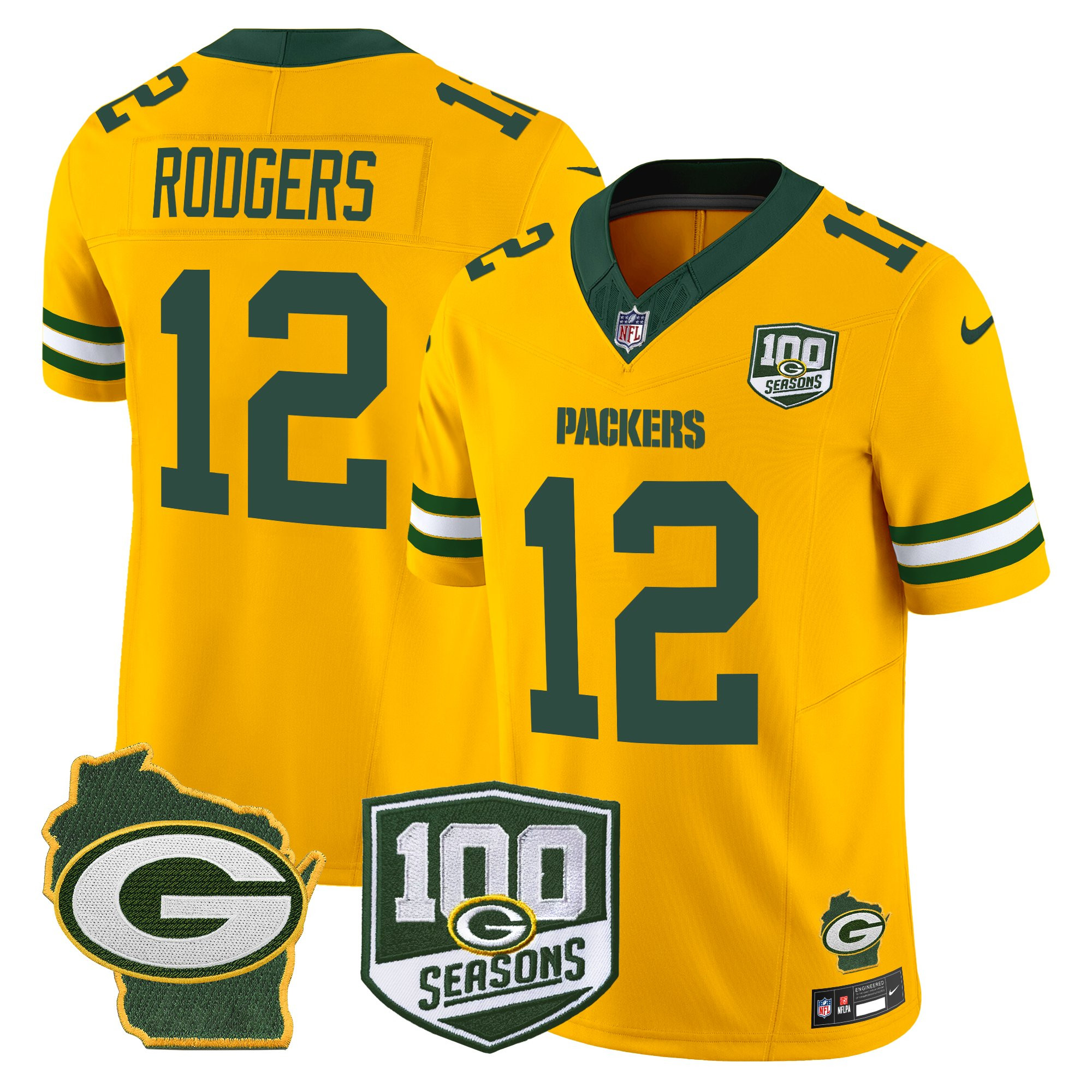 Aaron Rodgers Men's Green Bay Packers 100th Season & Home Patch Vapor Limited Gold Jersey - All Stitched