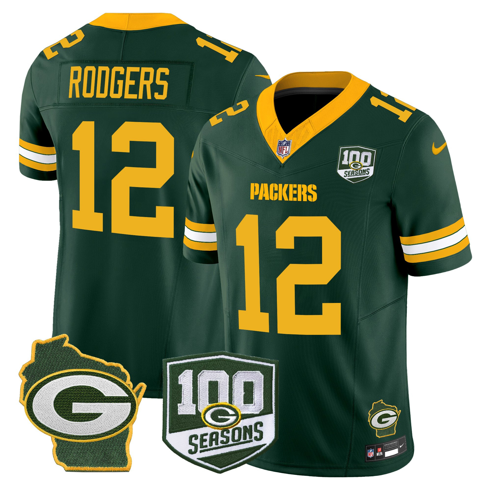 Aaron Rodgers Men's Green Bay Packers 100th Season & Home Patch Vapor Limited Green Jersey - All Stitched