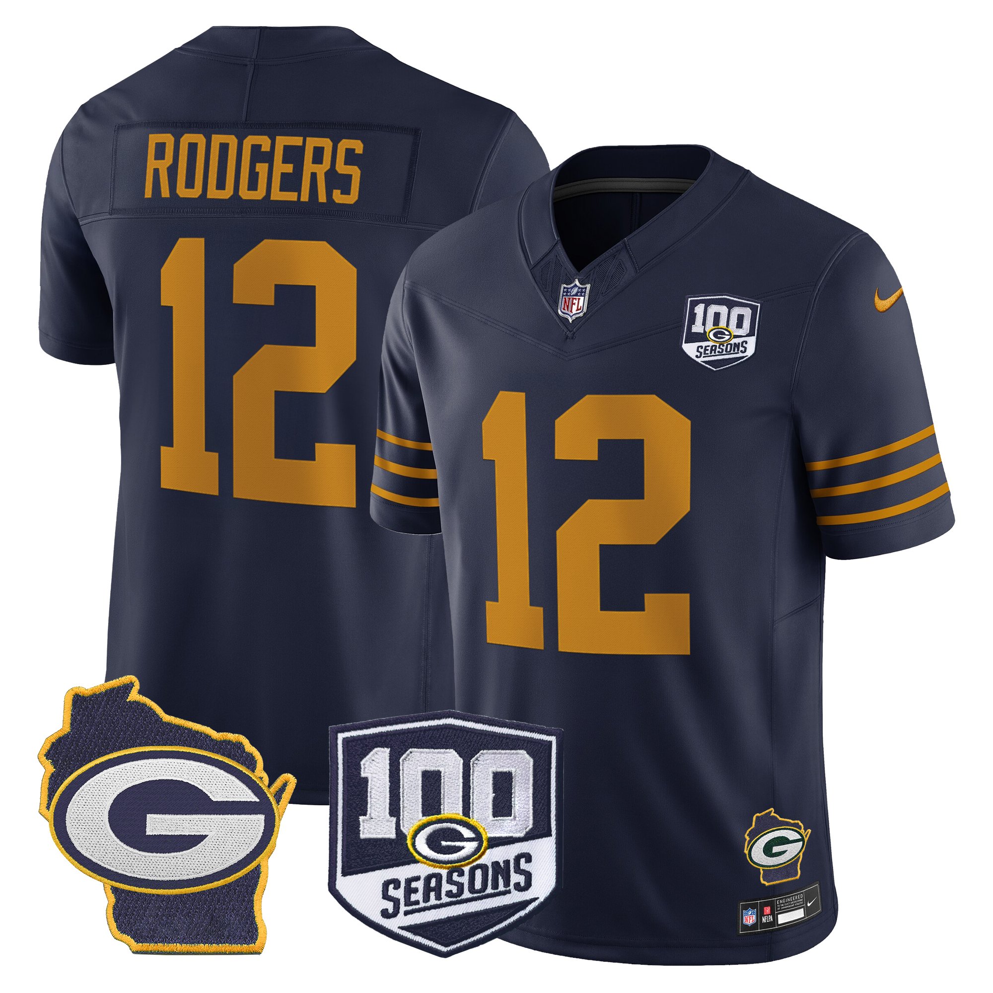 Aaron Rodgers Men's Green Bay Packers 100th Season & Home Patch Vapor Limited Navy Jersey - All Stitched