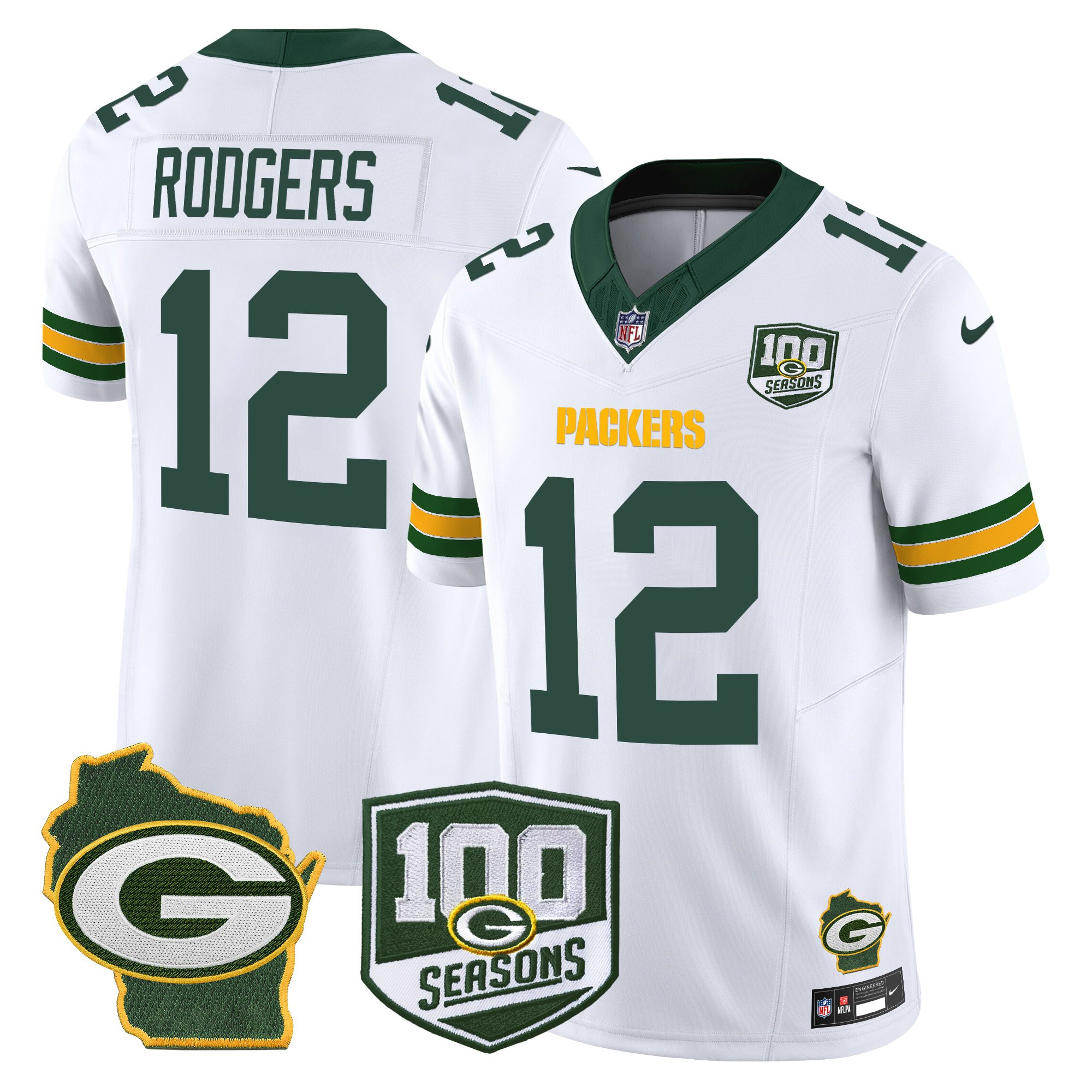 Aaron Rodgers Men's Green Bay Packers 100th Season & Home Patch Vapor Limited White Jersey - All Stitched
