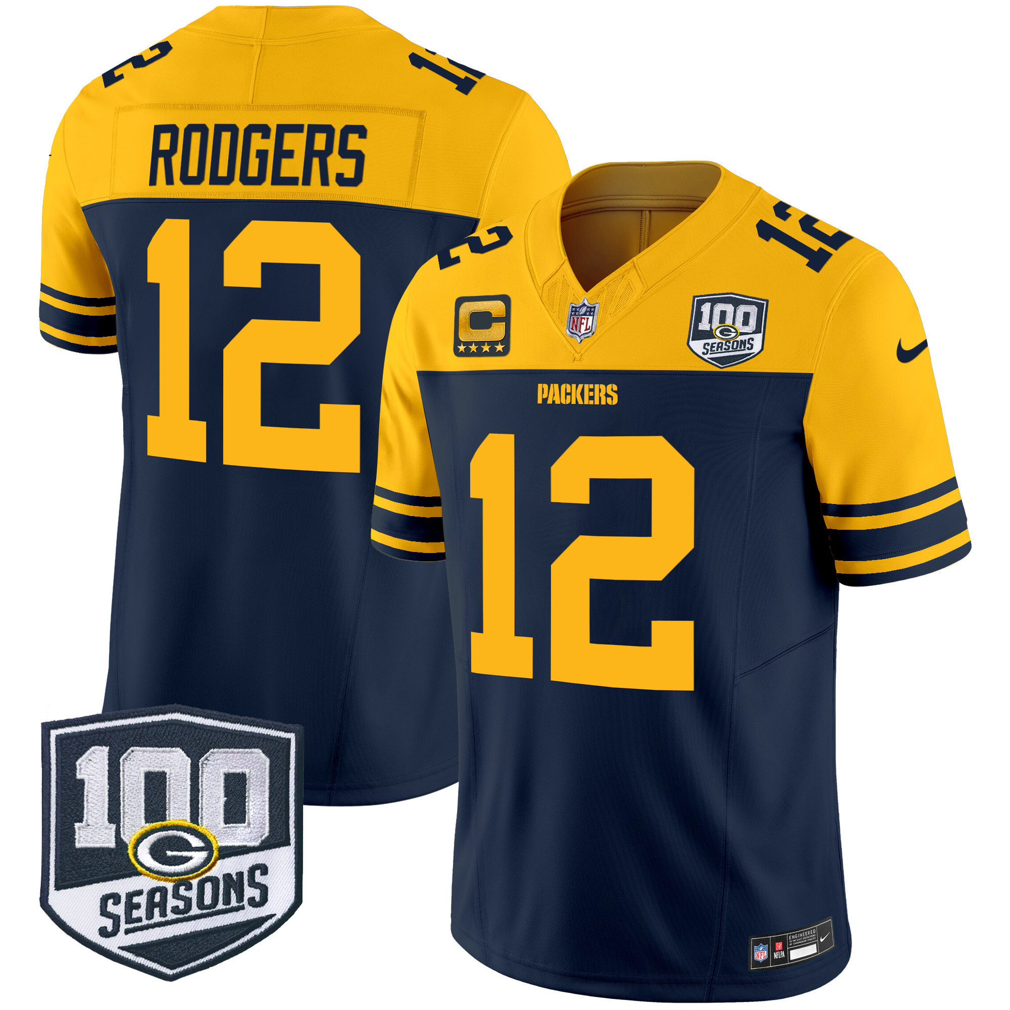 Aaron Rodgers Men's Green Bay Packers Throwback 100th Season Patch Vapor Limited Navy Jersey - All Stitched