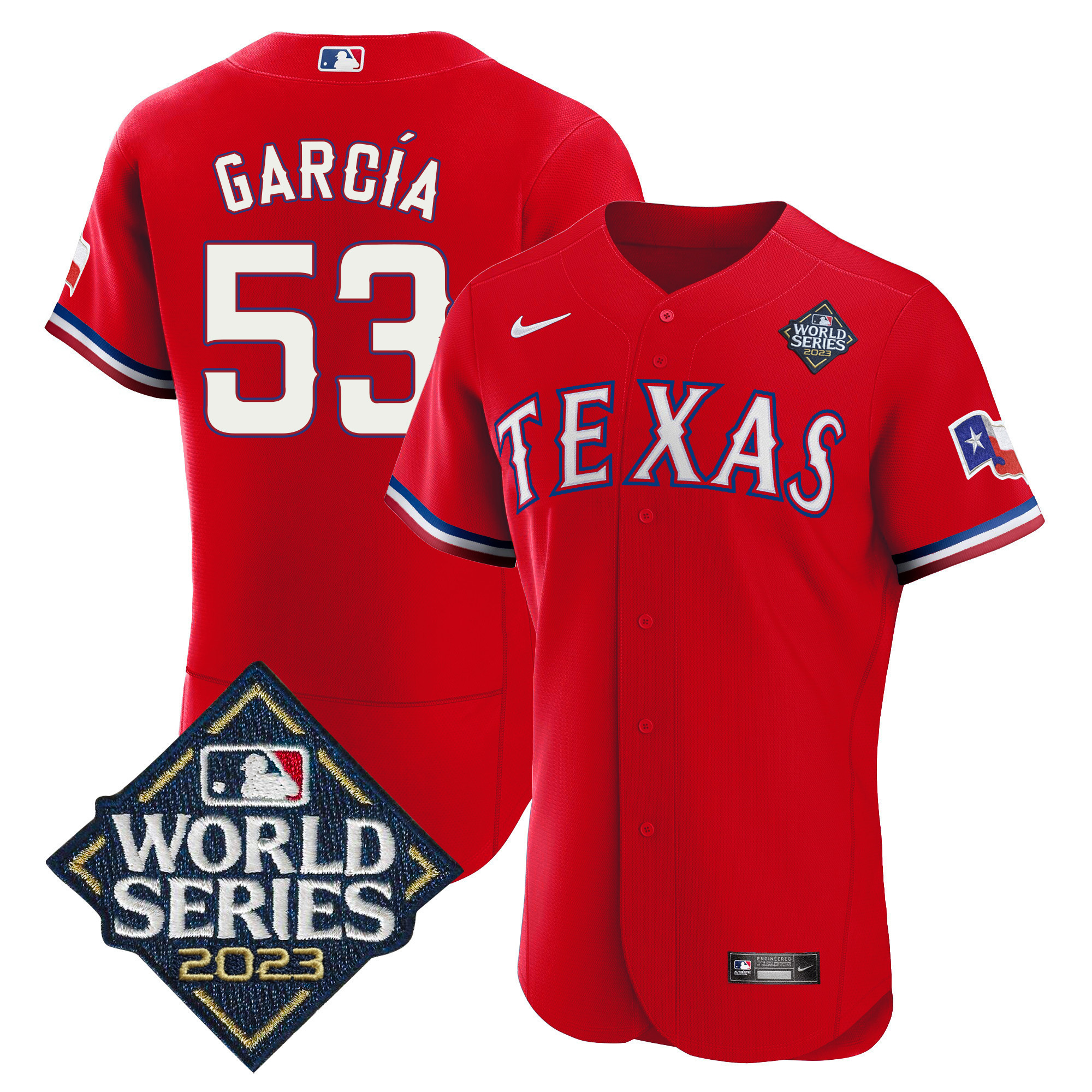 Adolis Garcia Men's Texas Rangers 2023 World Series Flex Base Red Jersey V2 - All Stitched