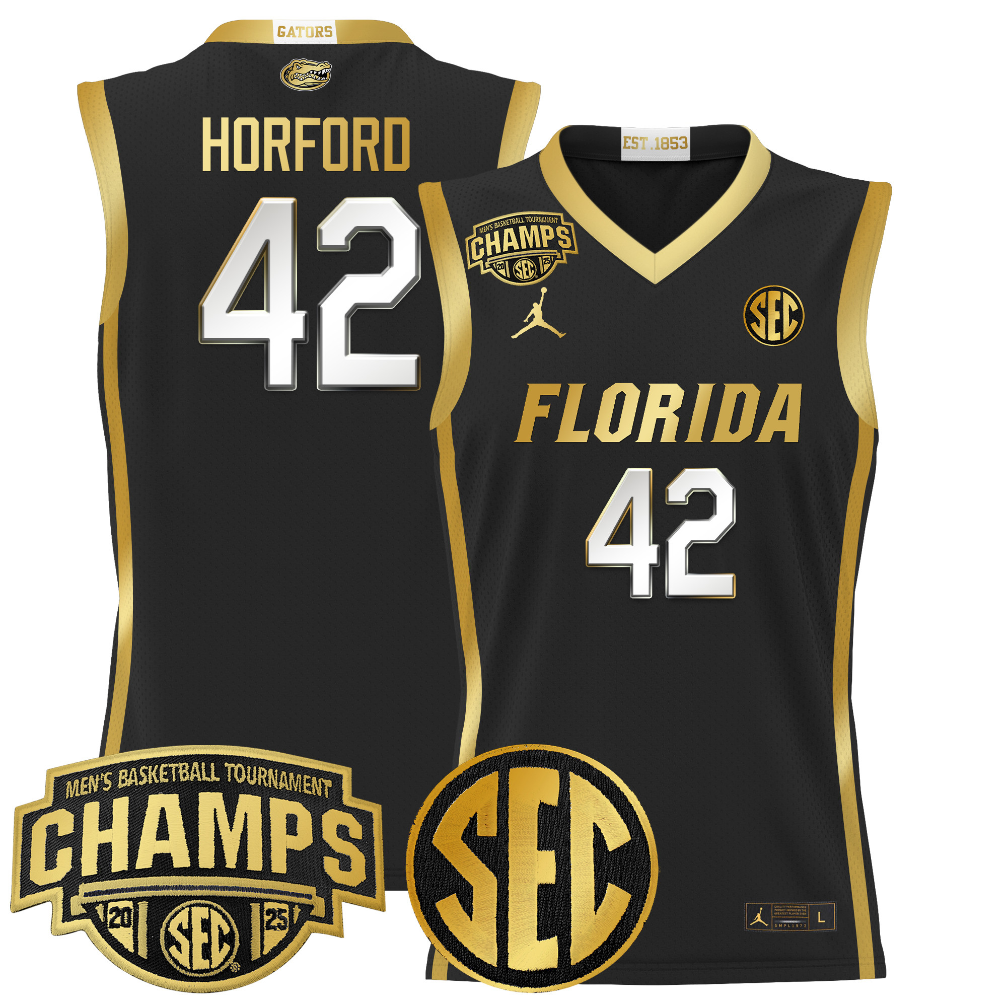 Al Horford Men's Florida Gators 2025 SEC Conference Tournament Champions Basketball Black Gold Jersey - All Stitched