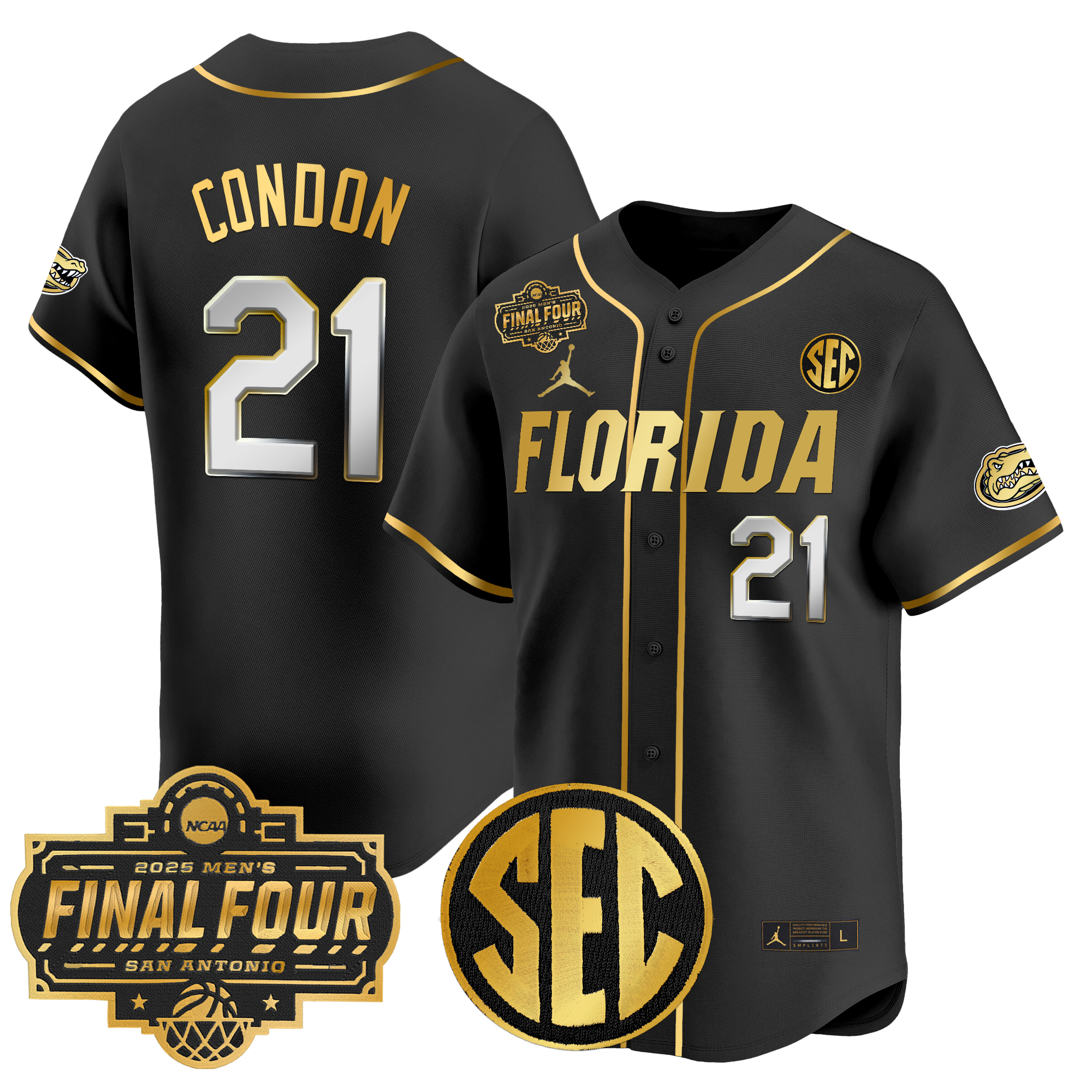 Alex Condon Men's Florida Gators 2025 Final Four Patch Vapor Baseball Black Gold Jersey - All Stitched