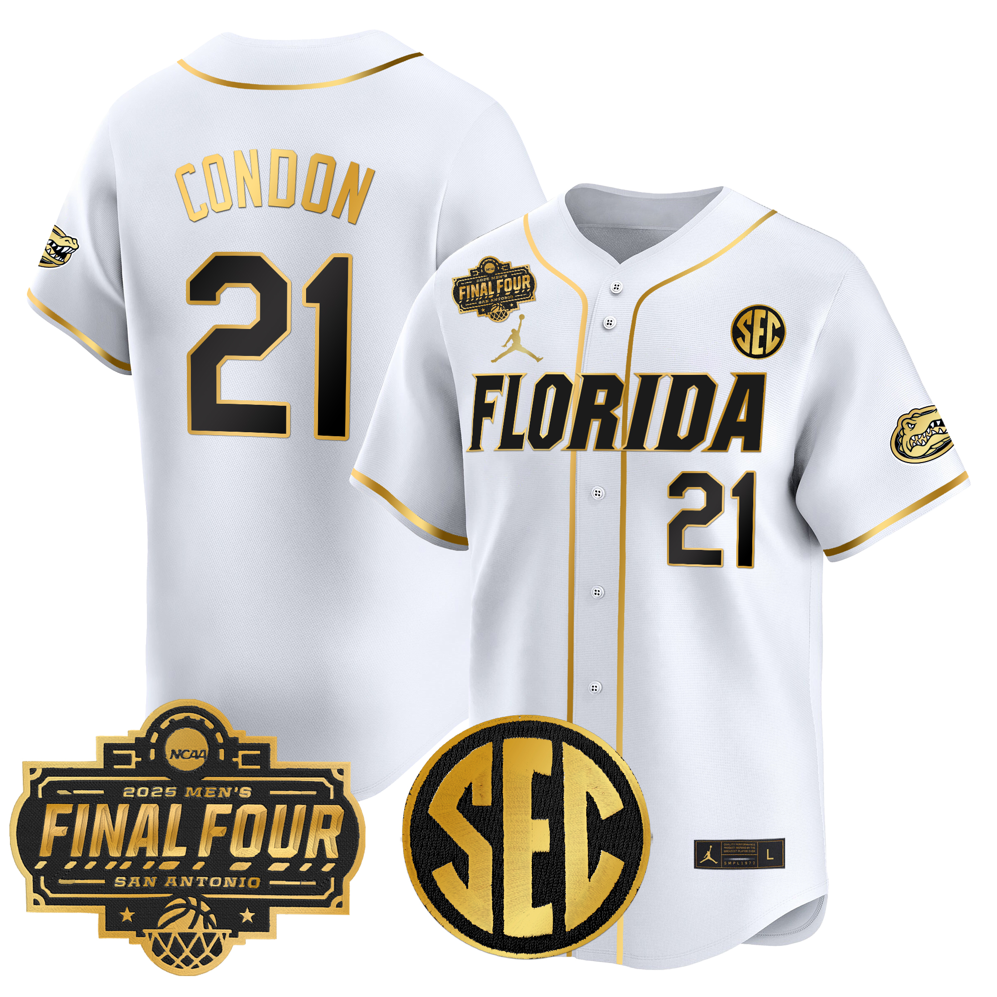 Alex Condon Men's Florida Gators 2025 Final Four Patch Vapor Baseball White Gold Jersey - All Stitched