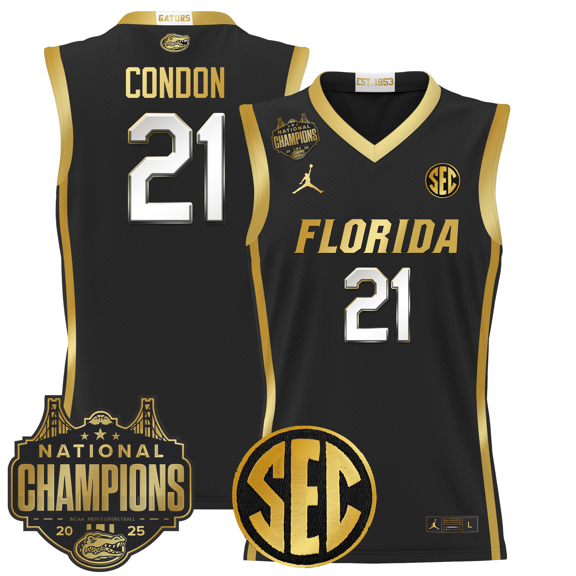 Alex Condon Men's Florida Gators 2025 National Champions Patch Basketball Black Gold Jersey - All Stitched