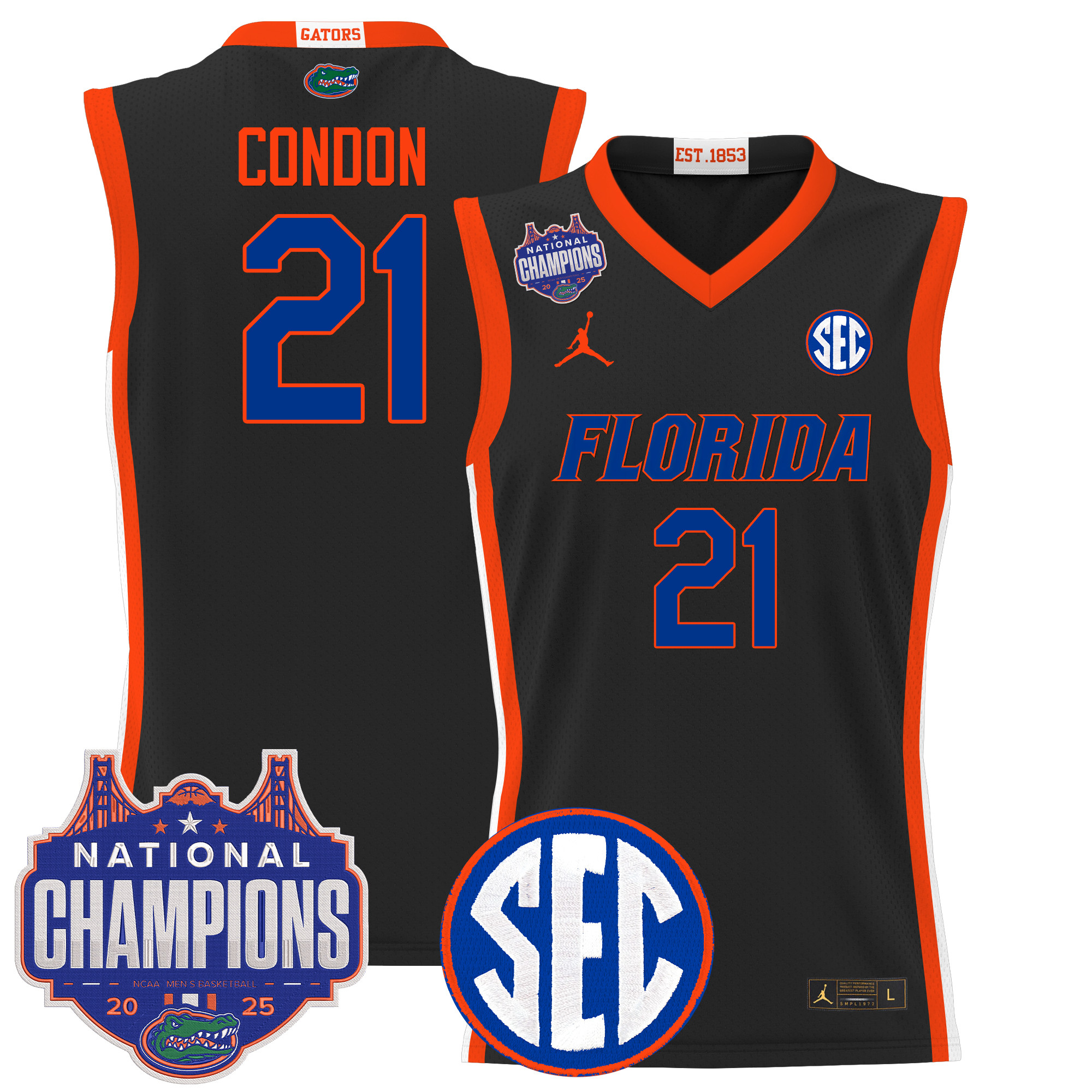 Alex Condon Men's Florida Gators 2025 National Champions Patch Basketball Black Jersey - All Stitched