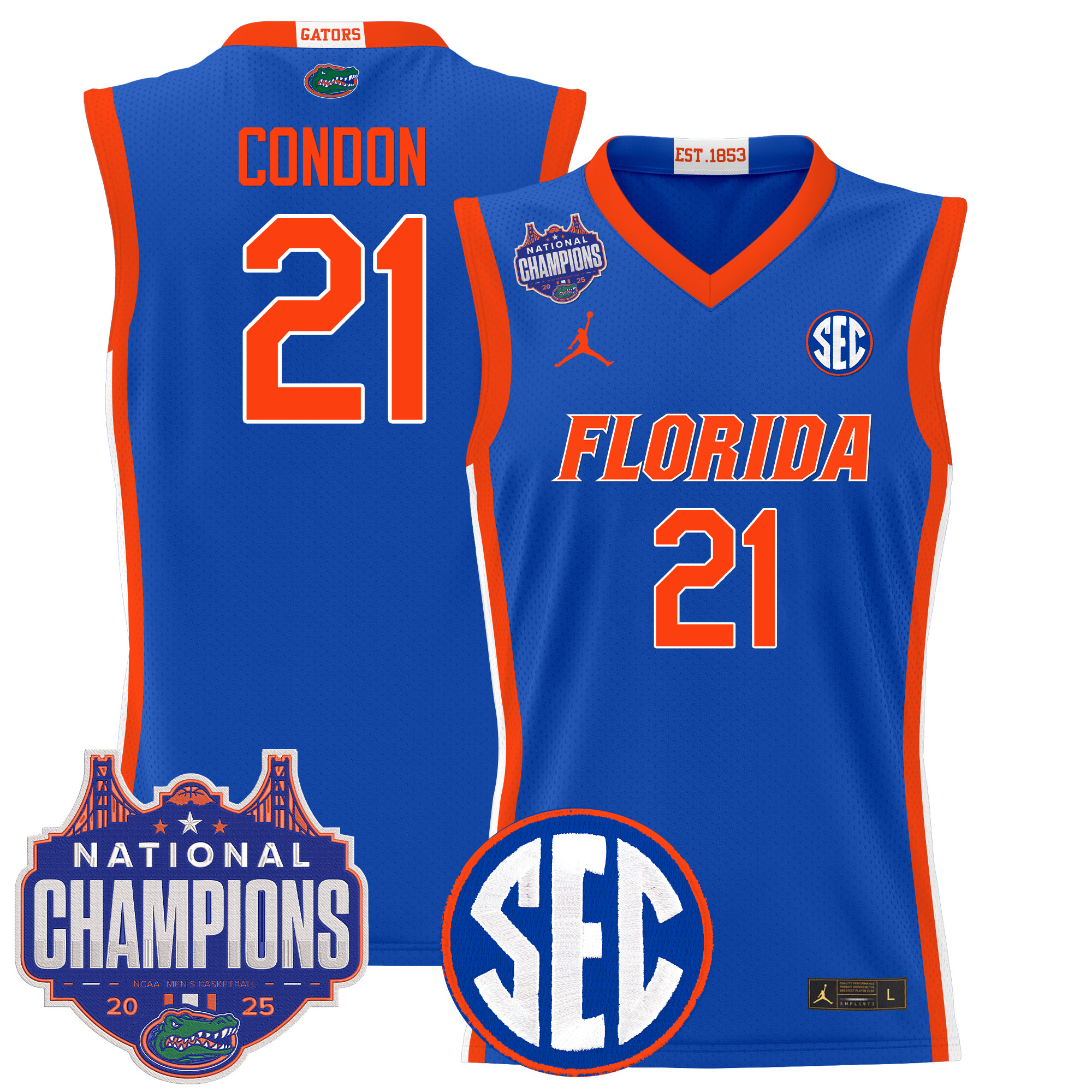 Alex Condon Men's Florida Gators 2025 National Champions Patch Basketball Royal Jersey - All Stitched