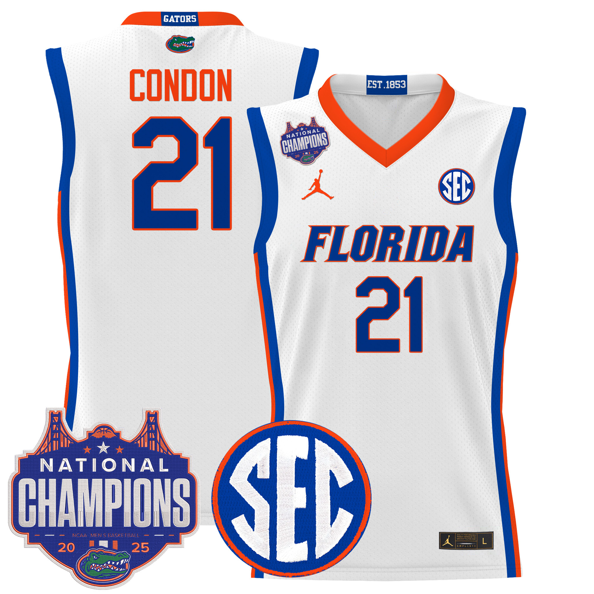 Alex Condon Men's Florida Gators 2025 National Champions Patch Basketball White Jersey - All Stitched