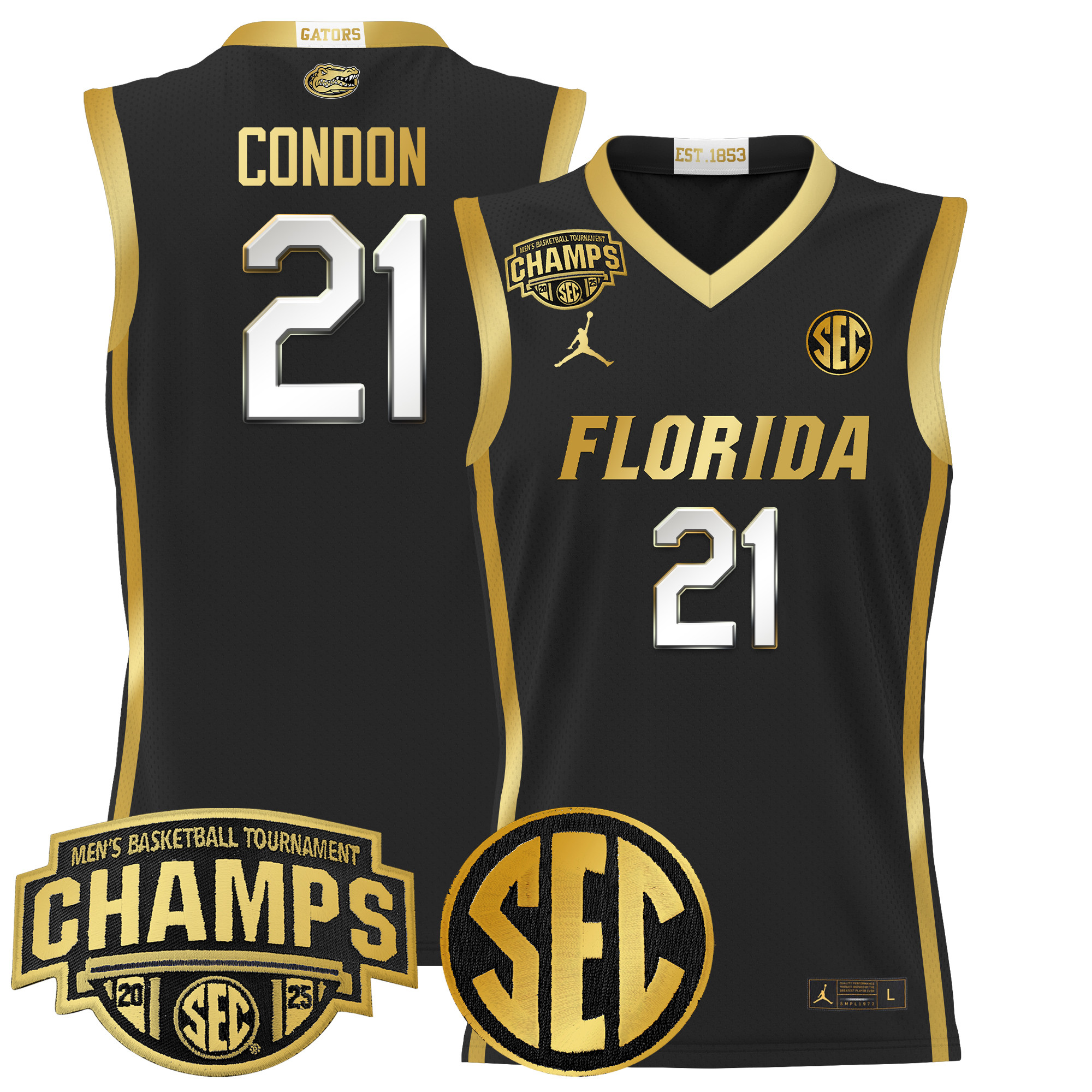 Alex Condon Men's Florida Gators 2025 SEC Conference Tournament Champions Basketball Black Gold Jersey - All Stitched