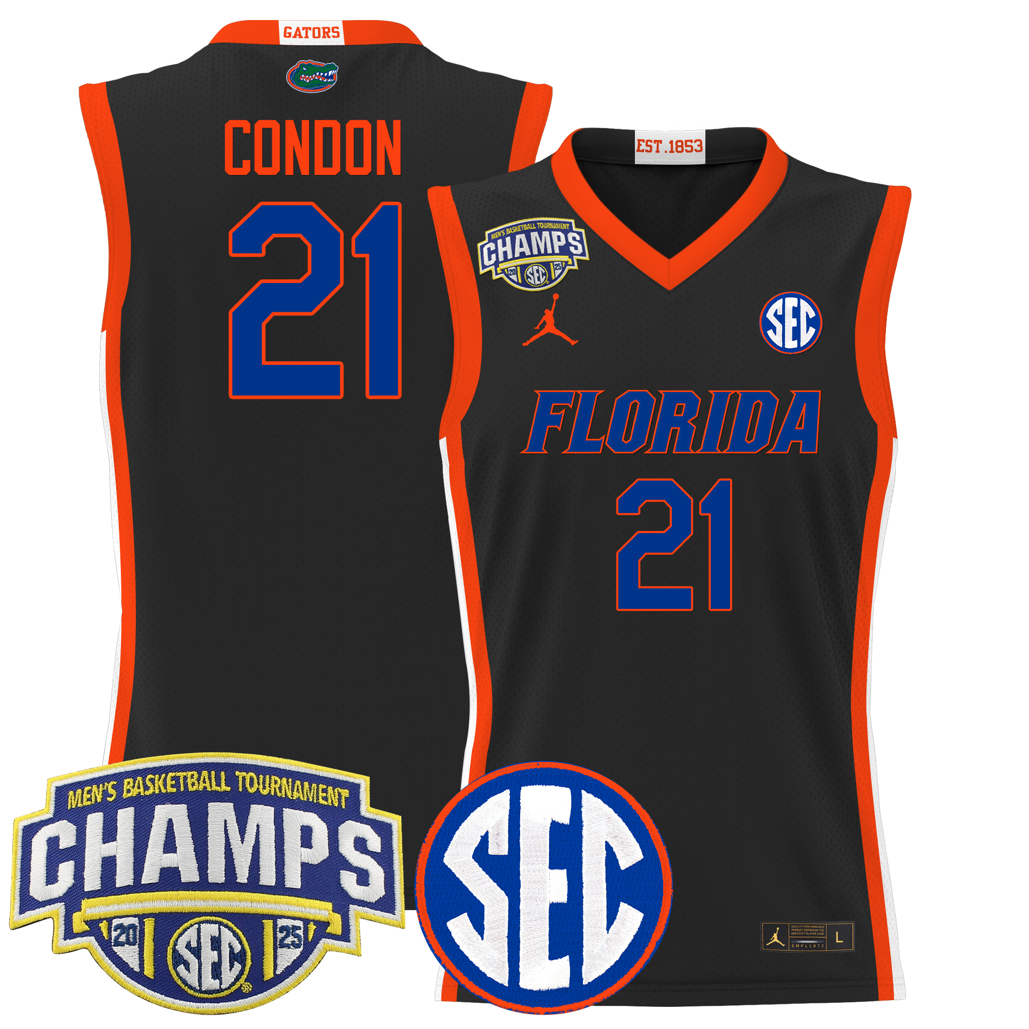 Alex Condon Men's Florida Gators 2025 SEC Conference Tournament Champions Basketball Black Jersey - All Stitched
