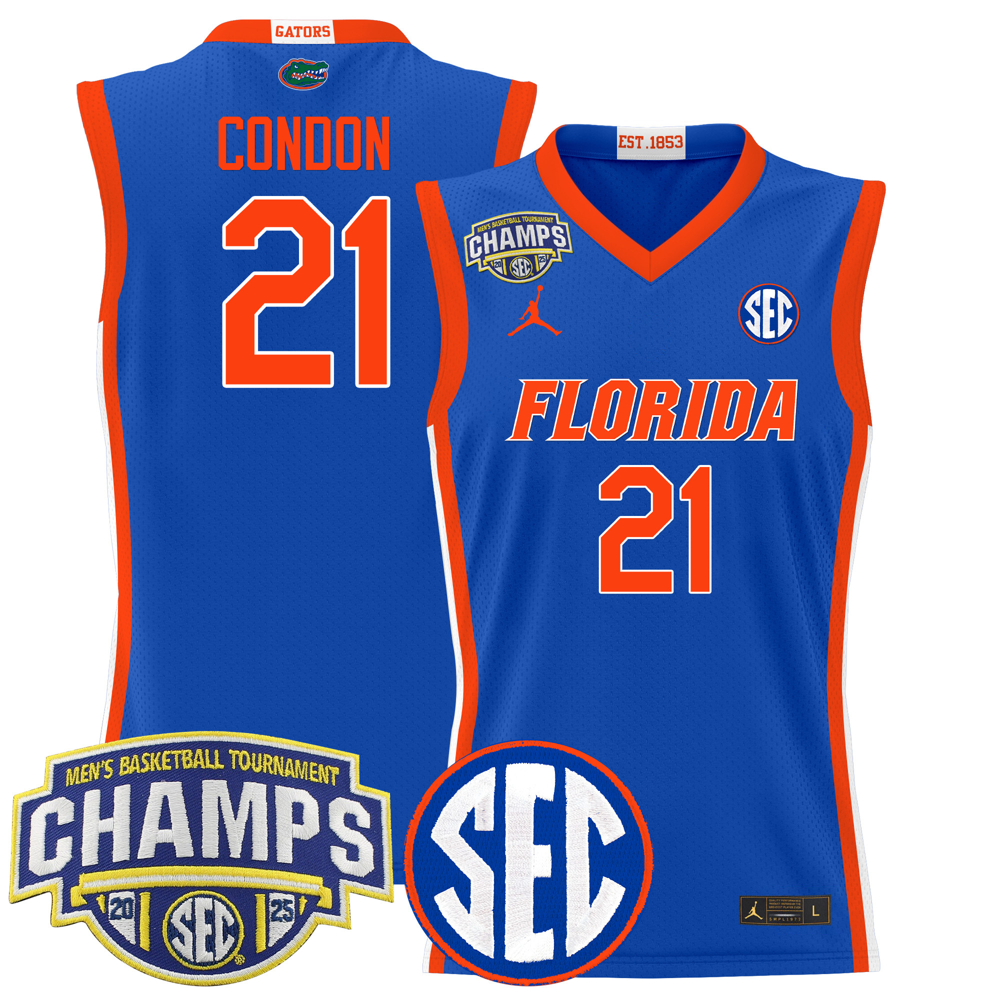Alex Condon Men's Florida Gators 2025 SEC Conference Tournament Champions Basketball Royal Jersey - All Stitched