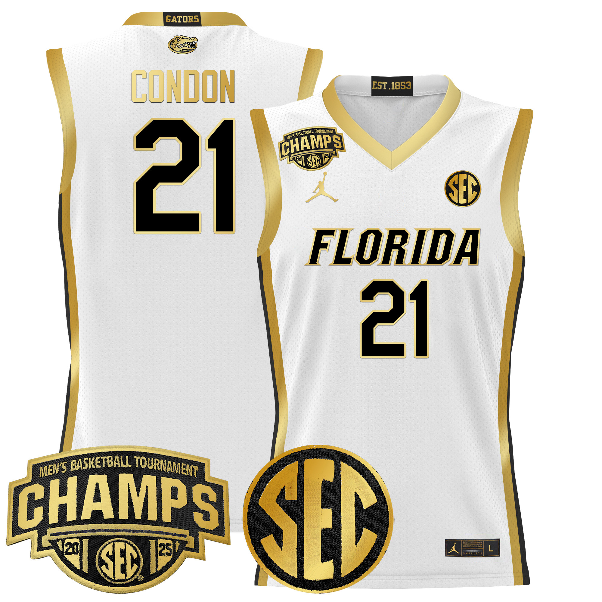 Alex Condon Men's Florida Gators 2025 SEC Conference Tournament Champions Basketball White Gold Jersey - All Stitched