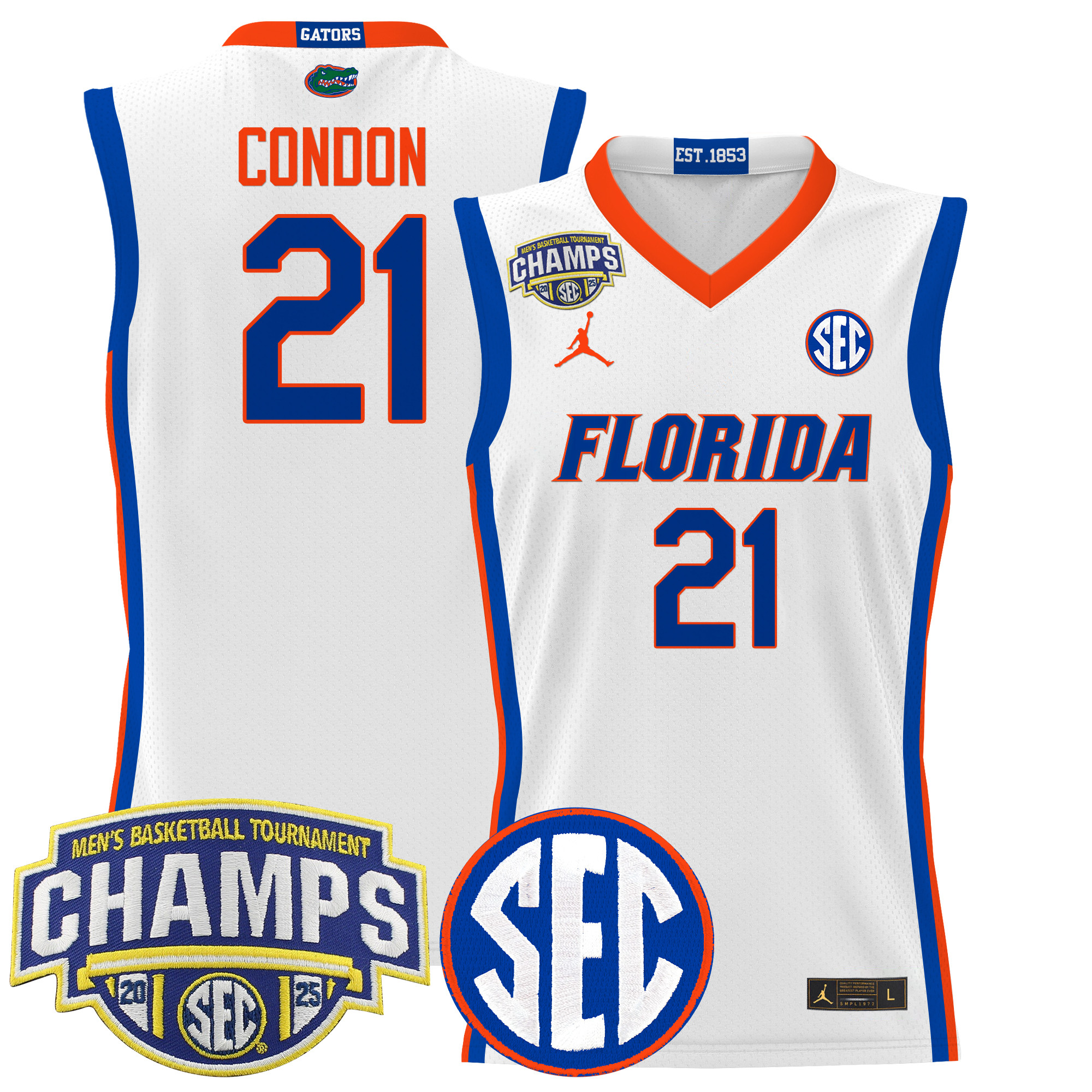 Alex Condon Men's Florida Gators 2025 SEC Conference Tournament Champions Basketball White Jersey - All Stitched