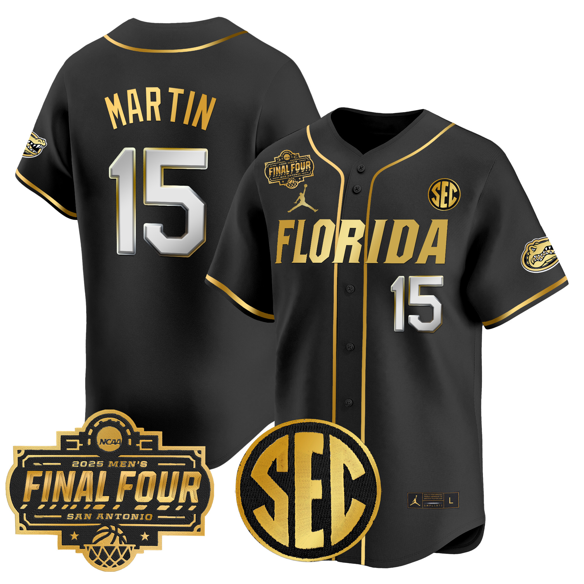 Alijah Martin Men's Florida Gators 2025 Final Four Patch Vapor Baseball Black Gold Jersey - All Stitched
