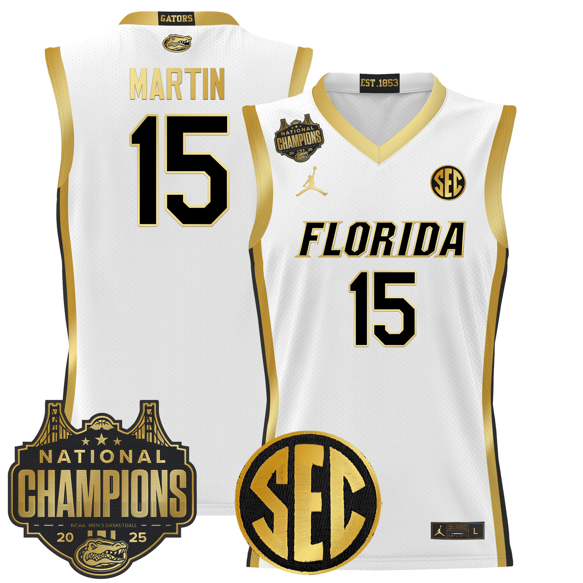Alijah Martin Men's Florida Gators 2025 National Champions Patch Basketball White Gold Jersey - All Stitched