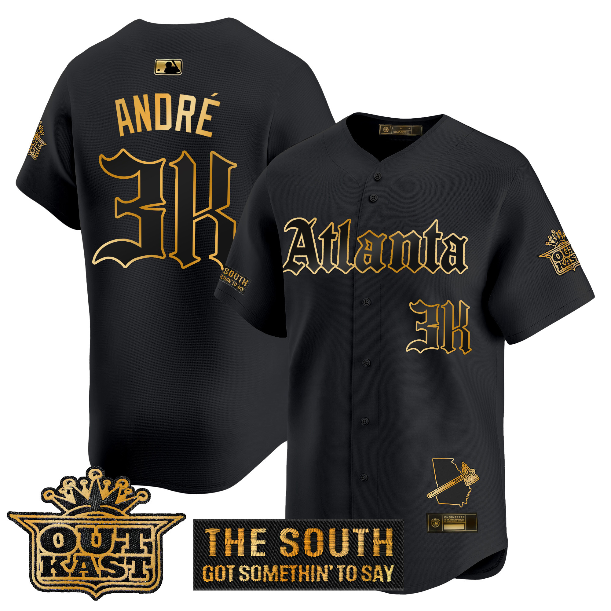 AndrÃƒÆ’Ã‚Â© Men's Atlanta Braves Gothic South x Outkast Edition Gold Vapor Premier Limited Black Gold Jersey - All Stitched