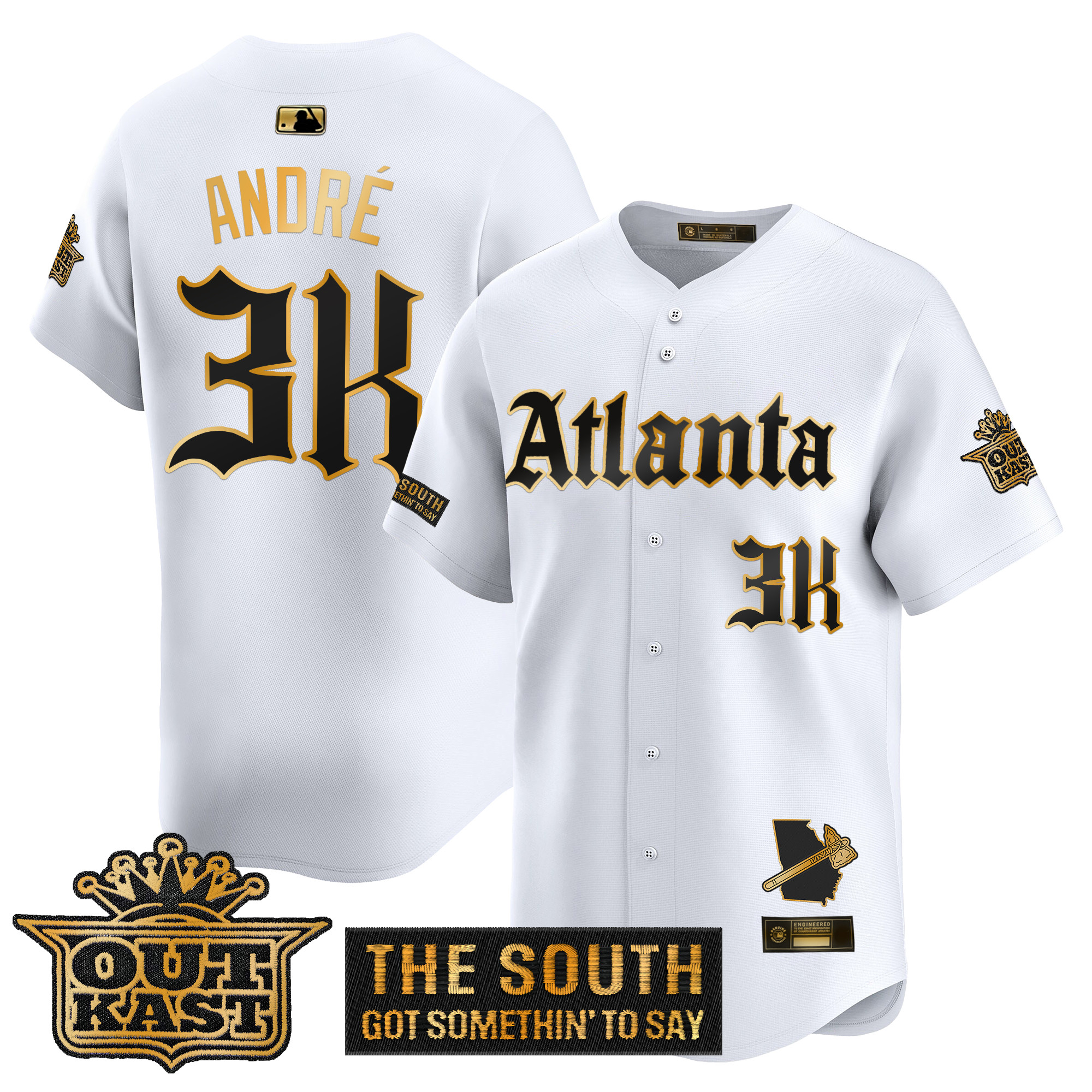 AndrÃƒÆ’Ã‚Â© Men's Atlanta Braves Gothic South x Outkast Edition Gold Vapor Premier Limited White Gold Jersey - All Stitched