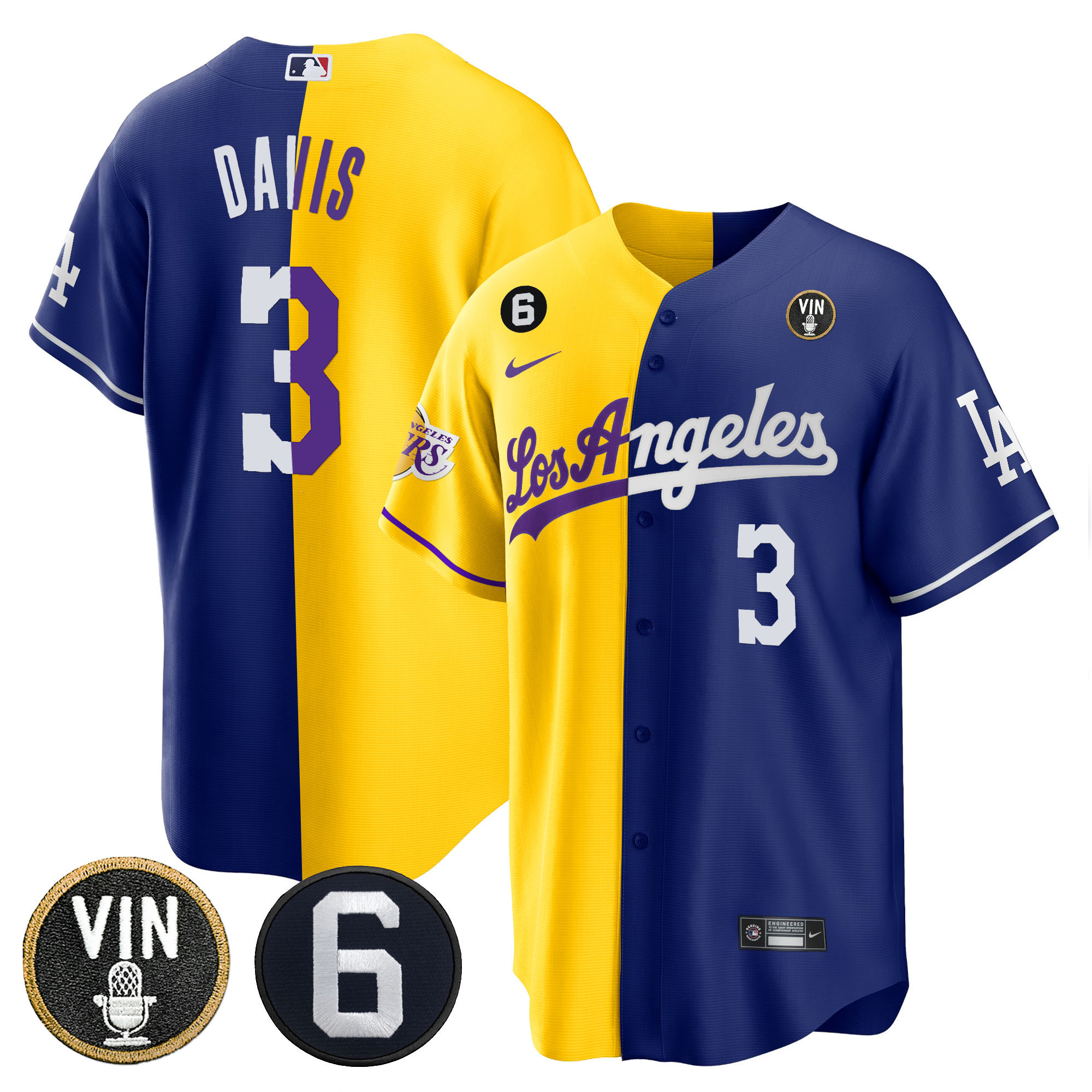 Anthony Davis Men's Split Dodgers - Los Angeles Lakers Cool Base Gold Royal Jersey - All Stitched