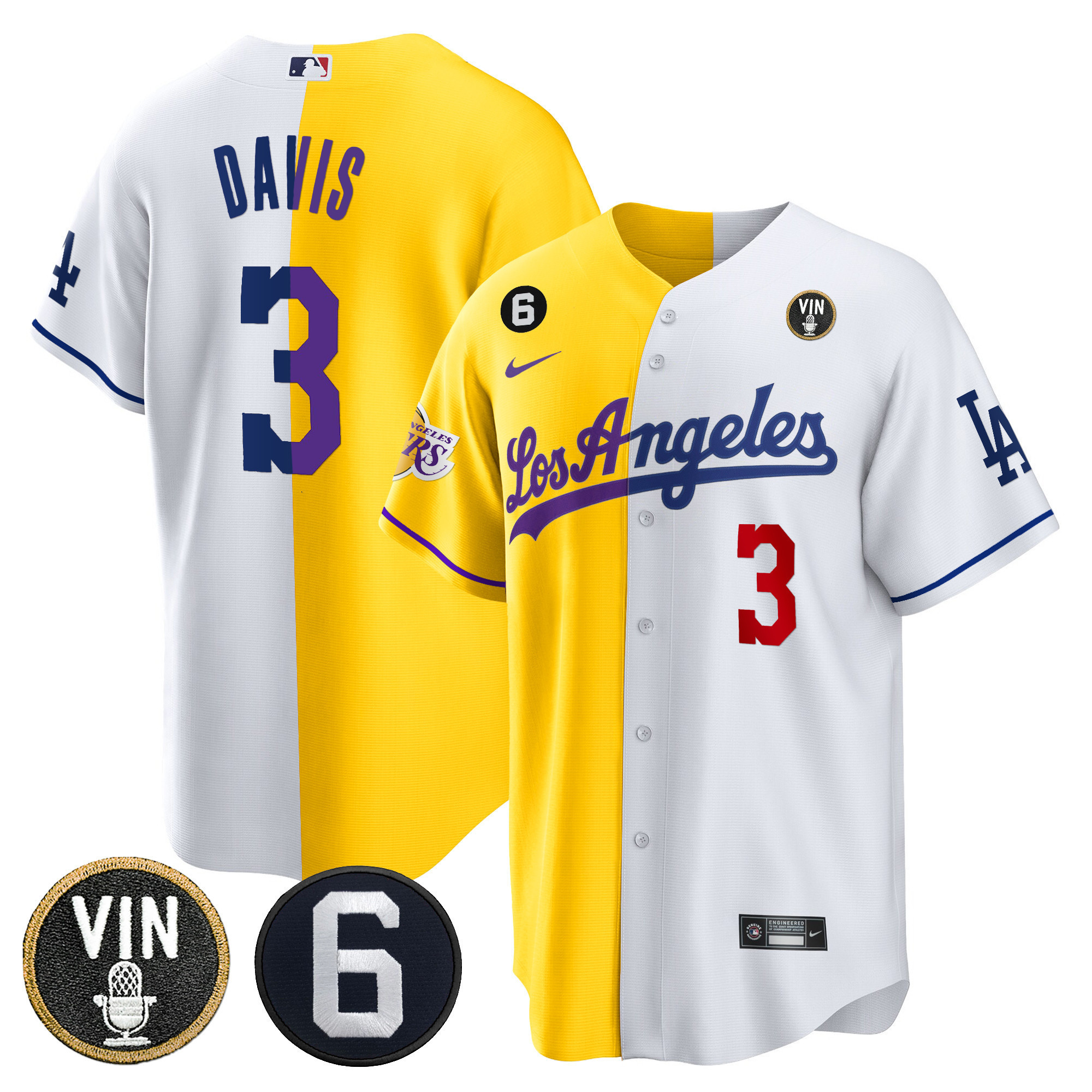 Anthony Davis Men's Split Dodgers - Los Angeles Lakers Cool Base Gold White Jersey - All Stitched