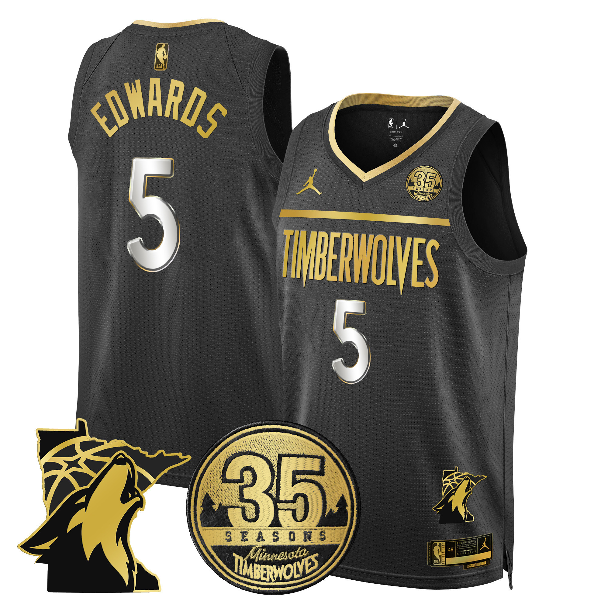 Anthony Edwards Men's Minnesota Timberwolves 35th Season & Minnesota Patch Swingman Black Gold Jersey - All Stitched